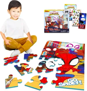 Spidey and His Amazing Friends Floor Puzzle Set - Bundle with 25 Piece Spiderman Foam Puzzle Plus Stickers, Tattoos, More | Spidey and Friends Jigsaw Puzzle for Kids