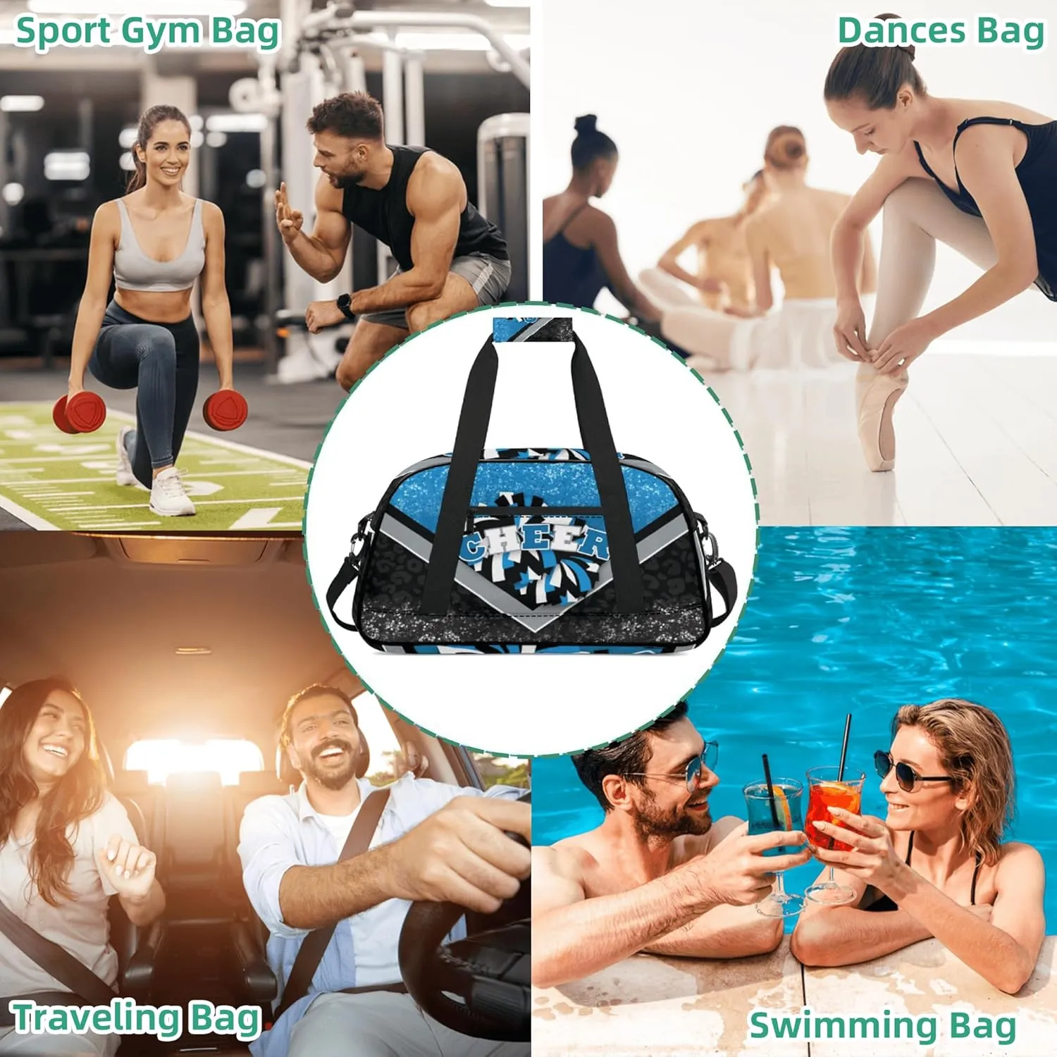 Sports Duffel Bag for Cheerleaders, Cheer Bag for Women, Travel Duffle Bag, Cheerleading Weekender Bag, Gym Bag (Blue&Black)