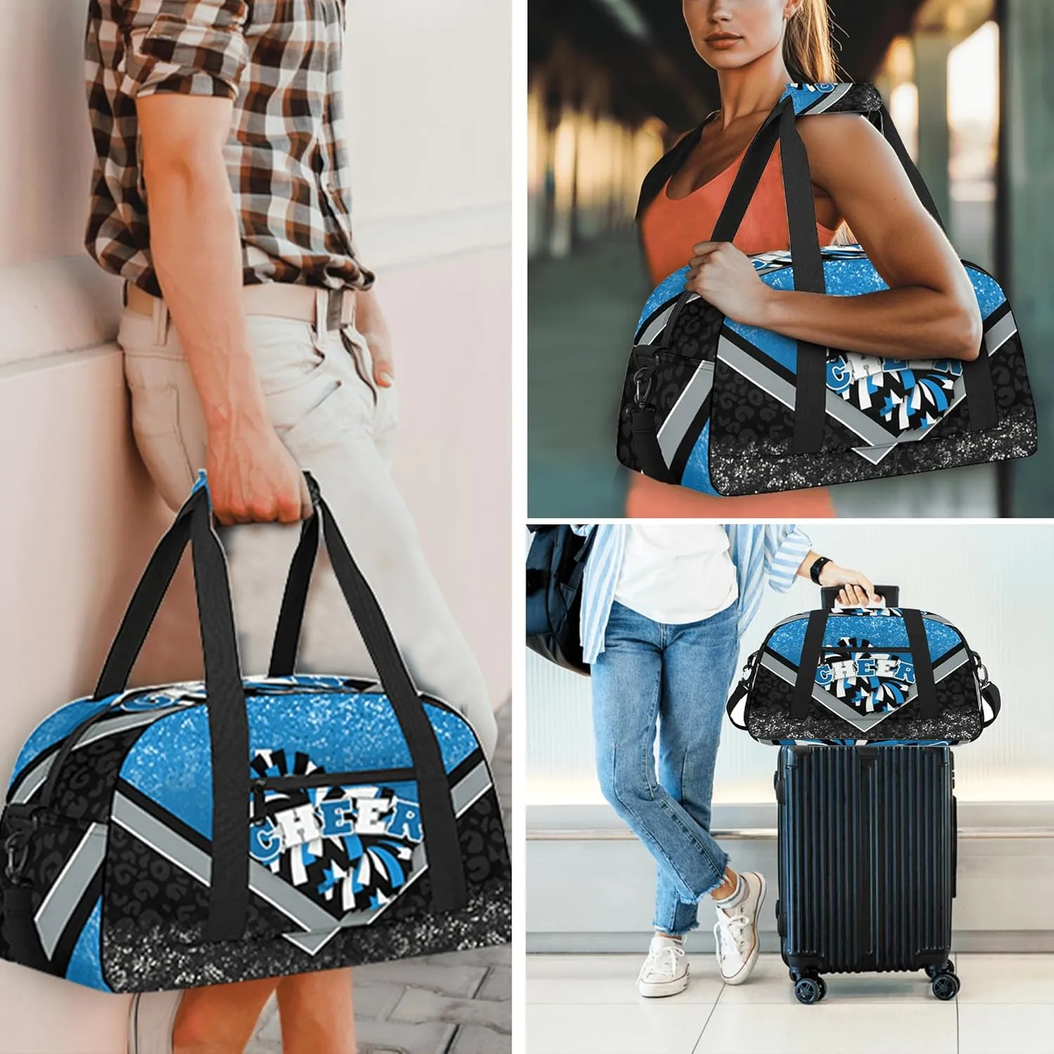 Sports Duffel Bag for Cheerleaders, Cheer Bag for Women, Travel Duffle Bag, Cheerleading Weekender Bag, Gym Bag (Blue&Black)