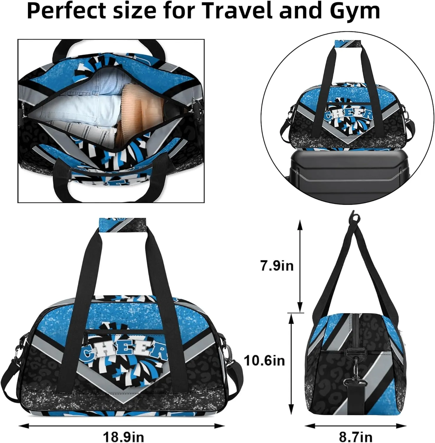 Sports Duffel Bag for Cheerleaders, Cheer Bag for Women, Travel Duffle Bag, Cheerleading Weekender Bag, Gym Bag (Blue&Black)