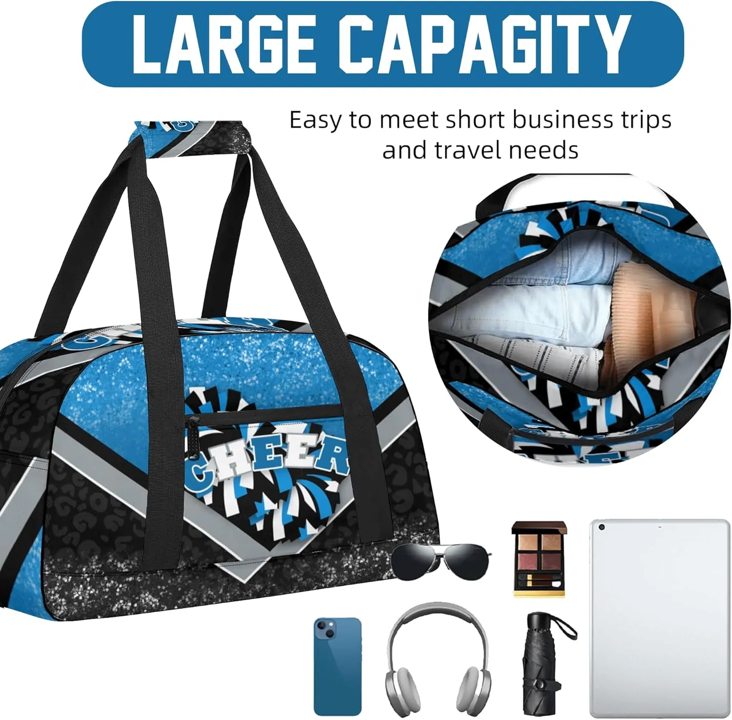 Sports Duffel Bag for Cheerleaders, Cheer Bag for Women, Travel Duffle Bag, Cheerleading Weekender Bag, Gym Bag (Blue&Black)