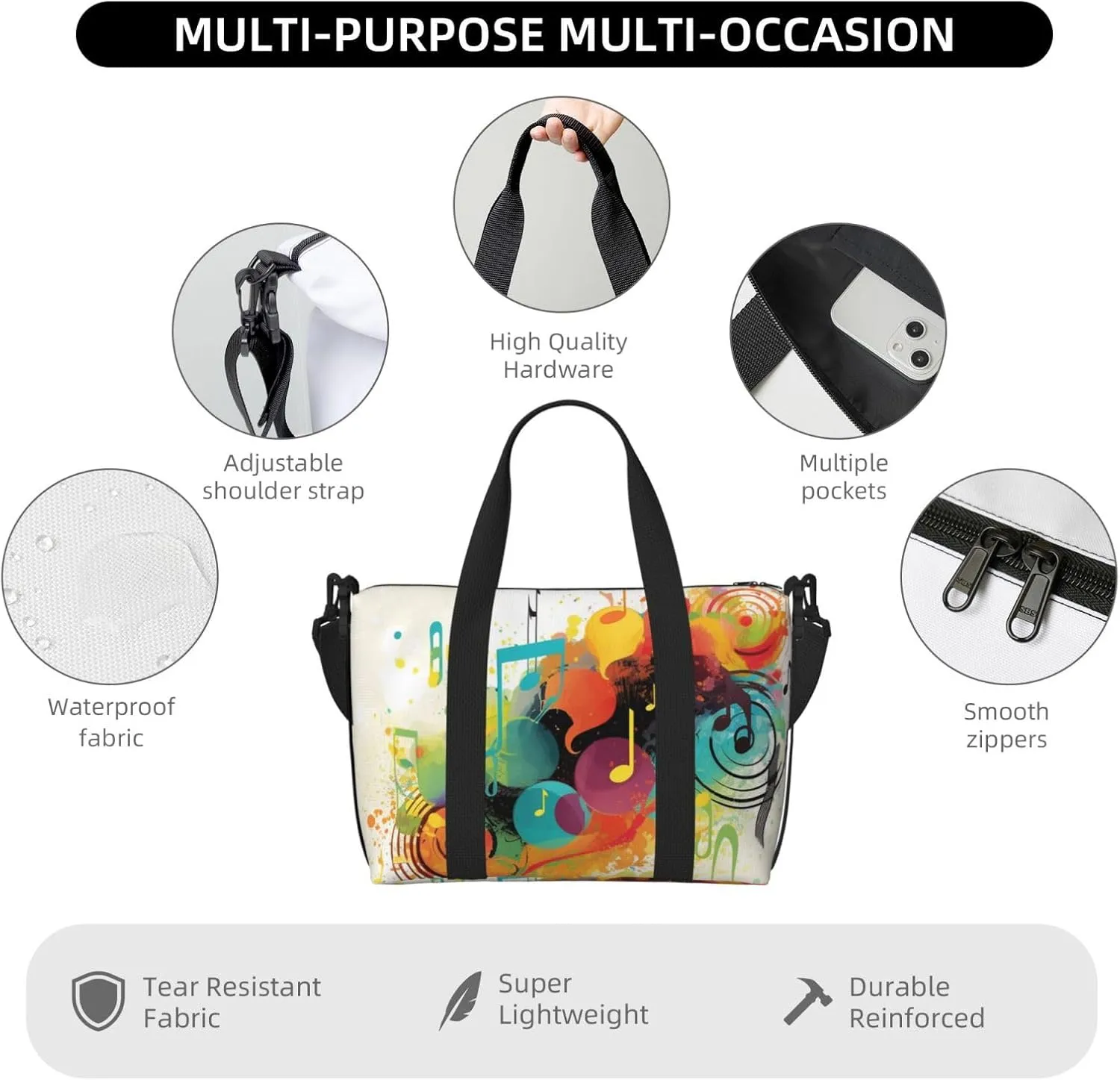 Sports Gym Bag for Women Men Travel Duffel Bag Tote Abstract Music Themed Weekender Bag Canvas Carry on Overnight Bag for Travel Swimming Fitness Workout Sports Duffle Bag