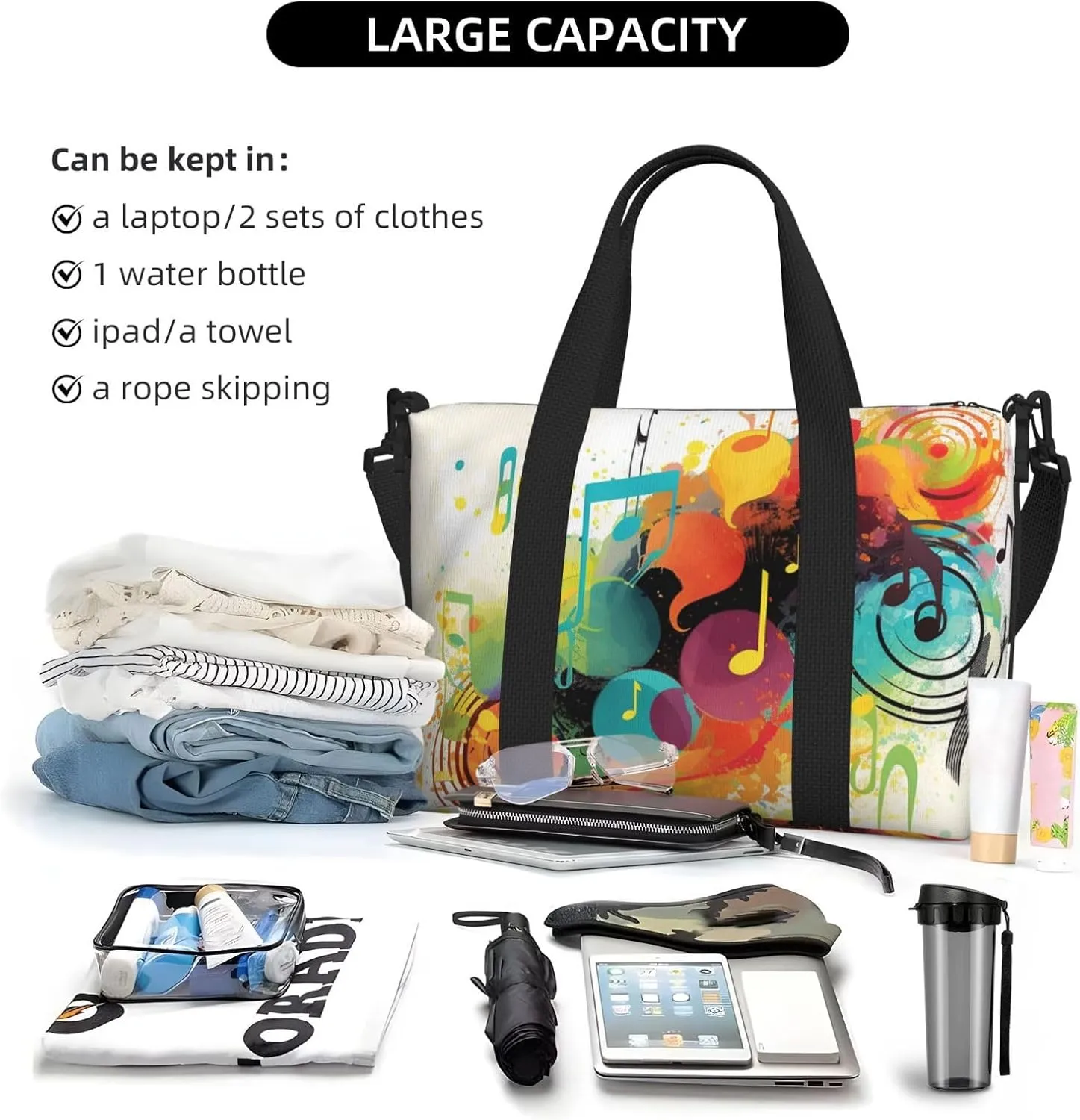 Sports Gym Bag for Women Men Travel Duffel Bag Tote Abstract Music Themed Weekender Bag Canvas Carry on Overnight Bag for Travel Swimming Fitness Workout Sports Duffle Bag