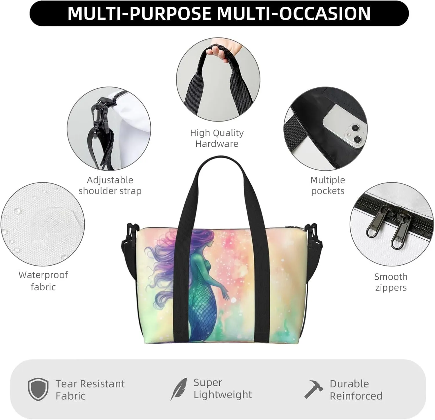 Sports Gym Bag for Women Men Travel Duffel Bag Tote Beautiful Mermaid tail Weekender Bag Canvas Carry on Overnight Bag for Travel Swimming Fitness Workout Sports Duffle Bag