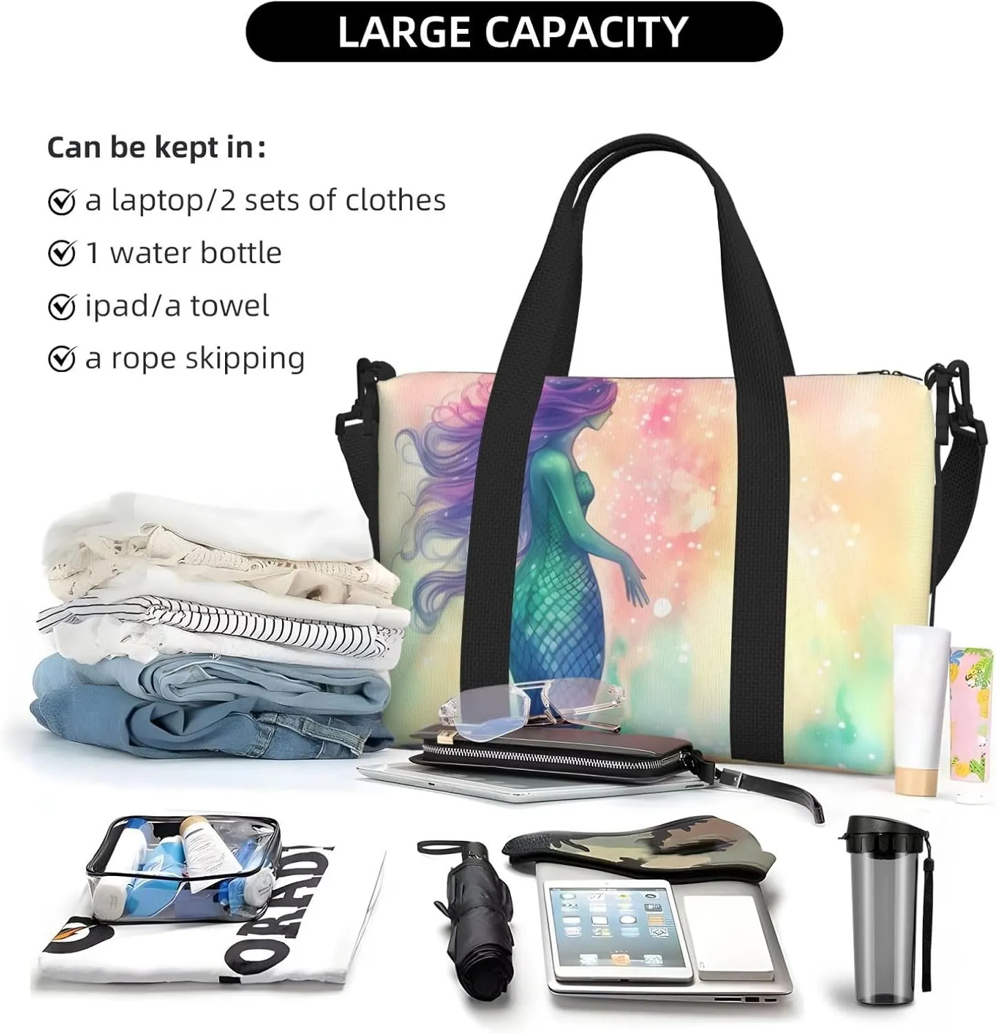Sports Gym Bag for Women Men Travel Duffel Bag Tote Beautiful Mermaid tail Weekender Bag Canvas Carry on Overnight Bag for Travel Swimming Fitness Workout Sports Duffle Bag