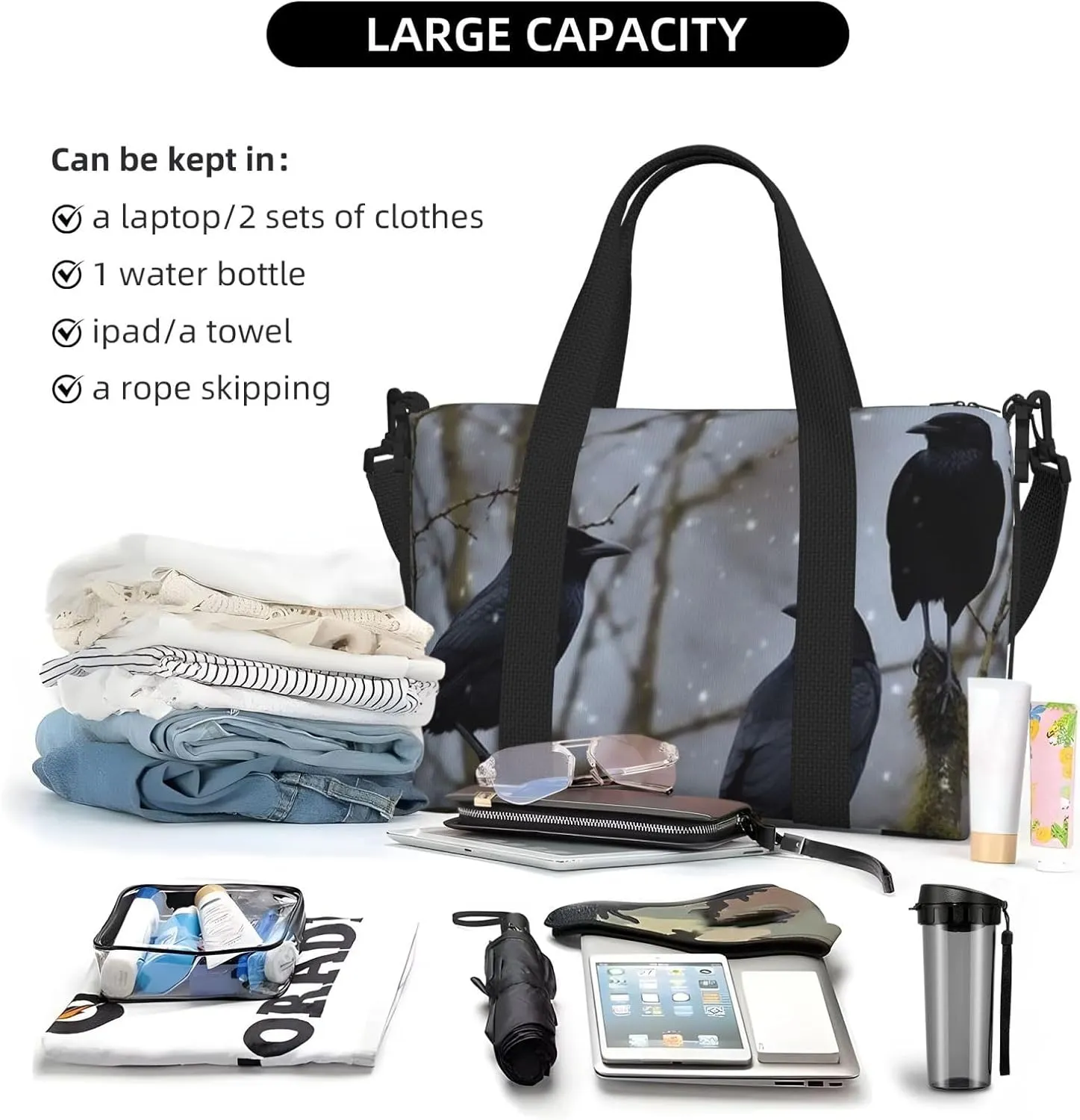 Sports Gym Bag for Women Men Travel Duffel Bag Tote Black Crow Birds Weekender Bag Canvas Carry on Overnight Bag for Travel Swimming Fitness Workout Sports Duffle Bag