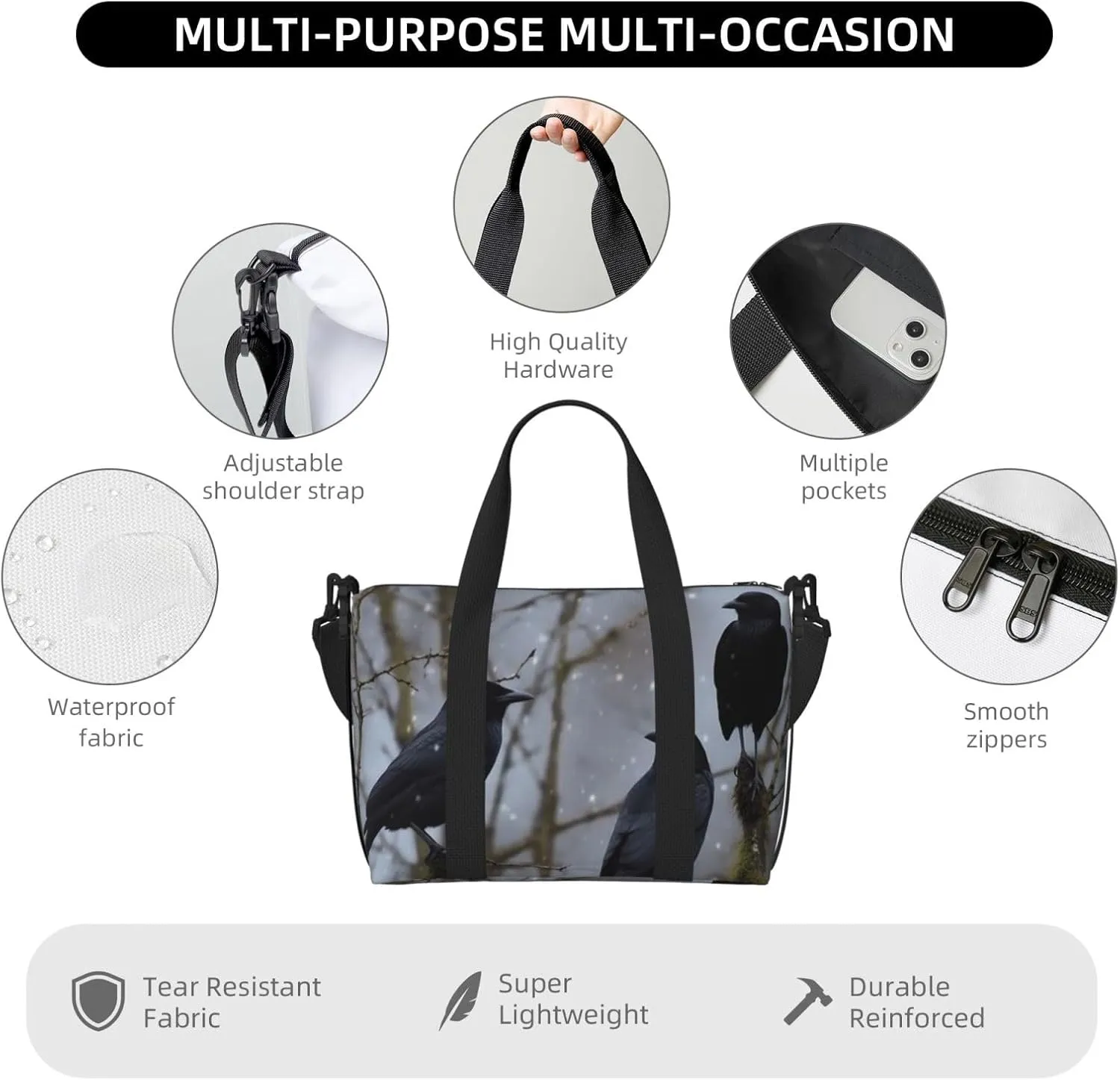 Sports Gym Bag for Women Men Travel Duffel Bag Tote Black Crow Birds Weekender Bag Canvas Carry on Overnight Bag for Travel Swimming Fitness Workout Sports Duffle Bag