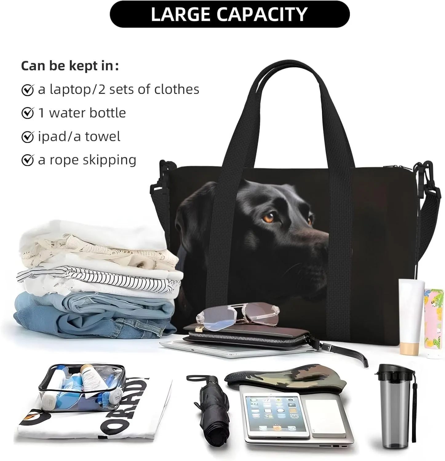 Sports Gym Bag for Women Men Travel Duffel Bag Tote Black Labrador Weekender Bag Canvas Carry on Overnight Bag for Travel Swimming Fitness Workout Sports Duffle Bag