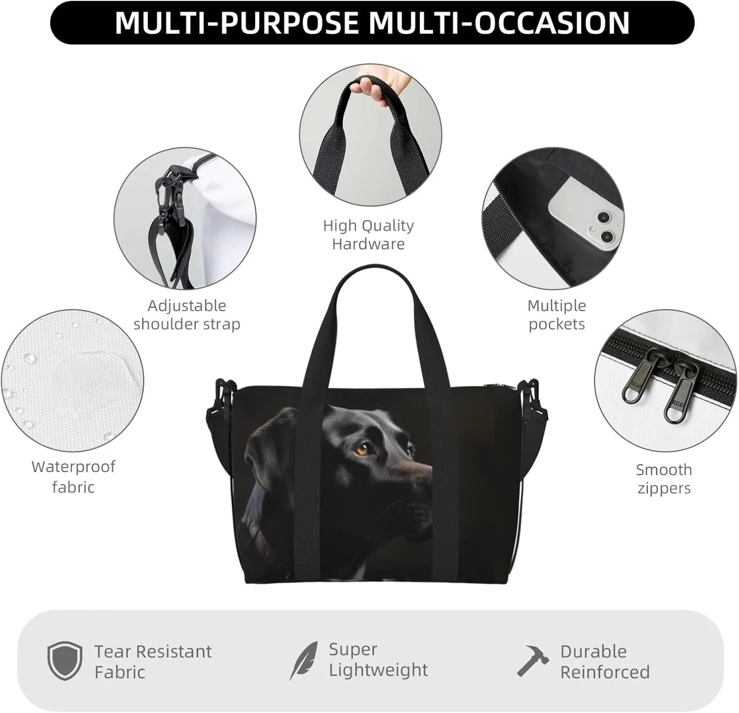 Sports Gym Bag for Women Men Travel Duffel Bag Tote Black Labrador Weekender Bag Canvas Carry on Overnight Bag for Travel Swimming Fitness Workout Sports Duffle Bag