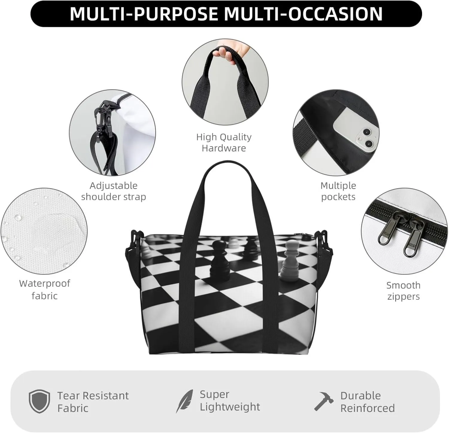 Sports Gym Bag for Women Men Travel Duffel Bag Tote Black White Chess Checkerboard Weekender Bag Canvas Carry on Overnight Bag for Travel Swimming Fitness Workout Sports Duffle Bag