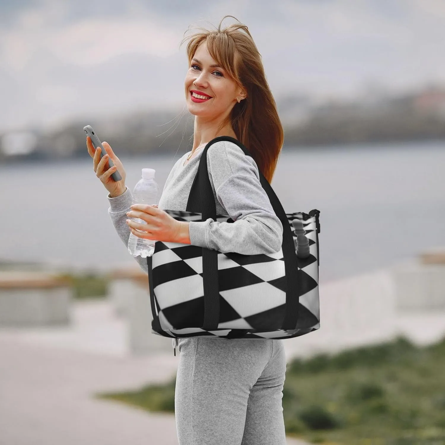 Sports Gym Bag for Women Men Travel Duffel Bag Tote Black White Chess Checkerboard Weekender Bag Canvas Carry on Overnight Bag for Travel Swimming Fitness Workout Sports Duffle Bag
