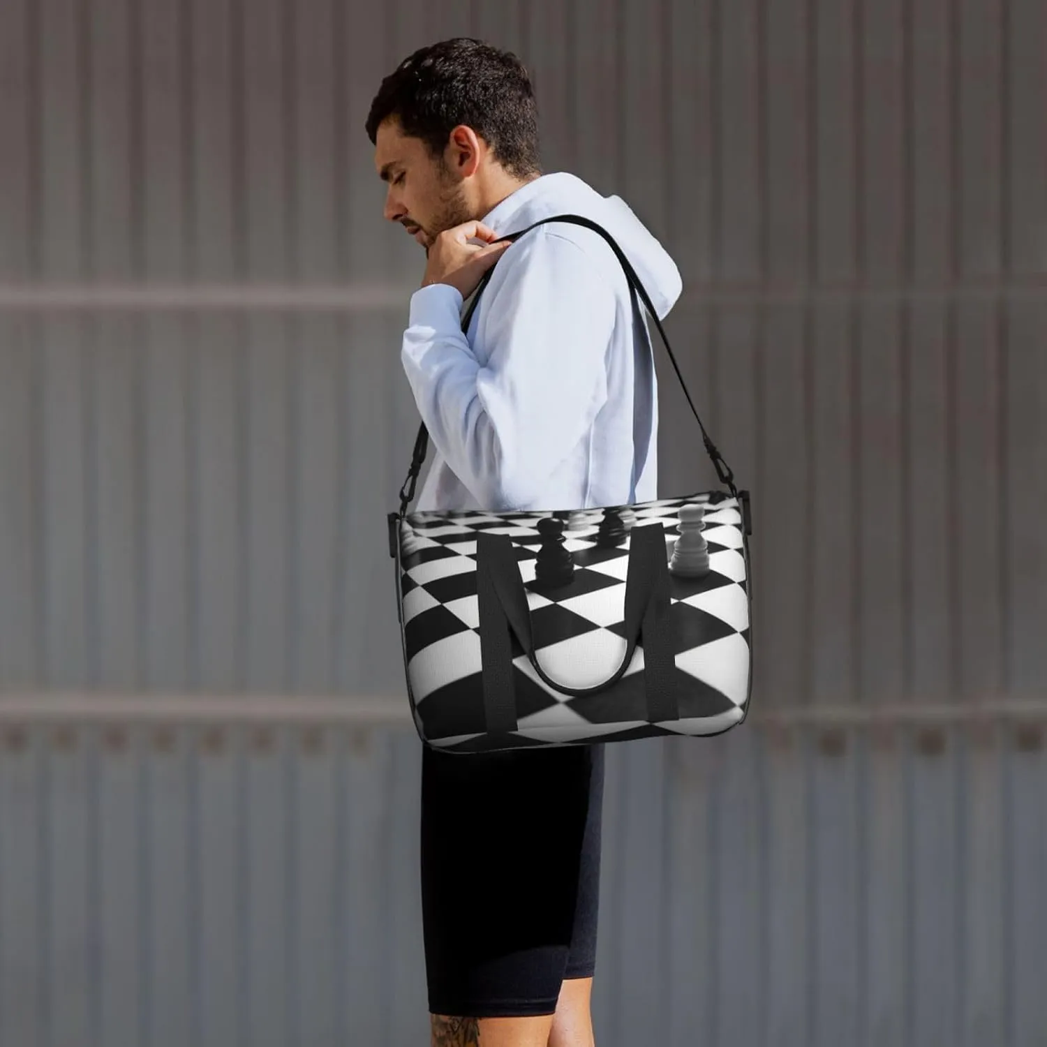 Sports Gym Bag for Women Men Travel Duffel Bag Tote Black White Chess Checkerboard Weekender Bag Canvas Carry on Overnight Bag for Travel Swimming Fitness Workout Sports Duffle Bag