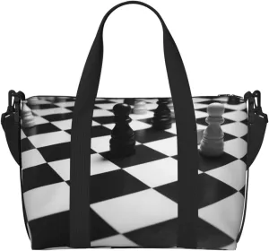 Sports Gym Bag for Women Men Travel Duffel Bag Tote Black White Chess Checkerboard Weekender Bag Canvas Carry on Overnight Bag for Travel Swimming Fitness Workout Sports Duffle Bag