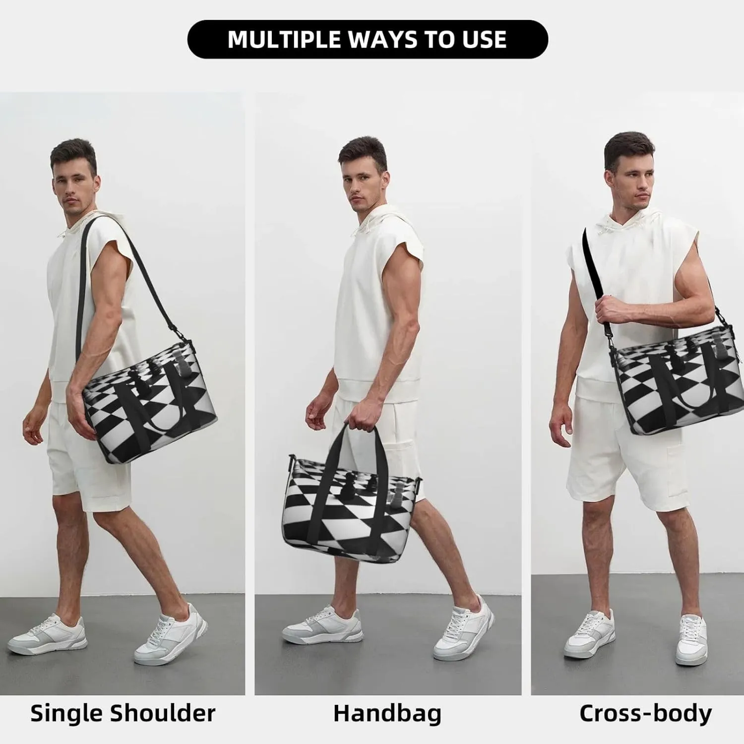 Sports Gym Bag for Women Men Travel Duffel Bag Tote Black White Chess Checkerboard Weekender Bag Canvas Carry on Overnight Bag for Travel Swimming Fitness Workout Sports Duffle Bag