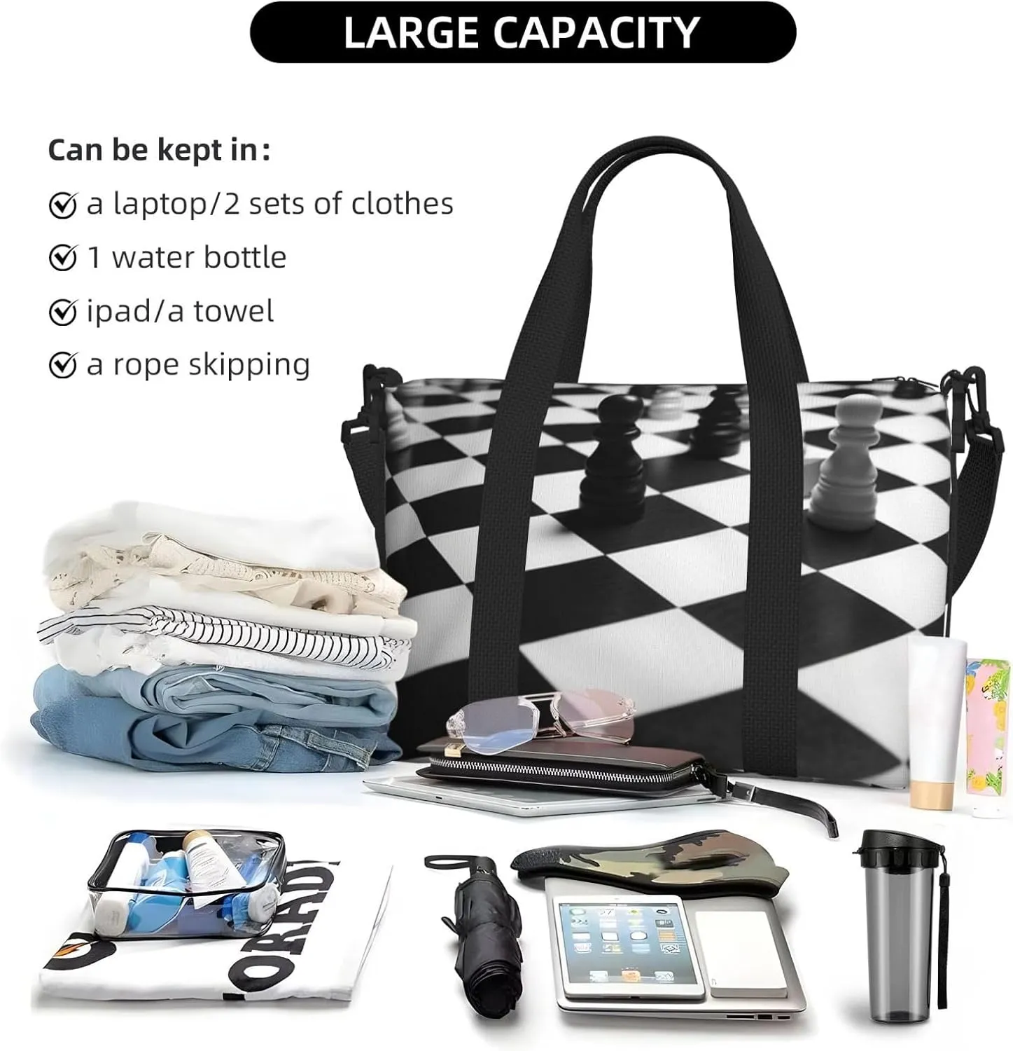 Sports Gym Bag for Women Men Travel Duffel Bag Tote Black White Chess Checkerboard Weekender Bag Canvas Carry on Overnight Bag for Travel Swimming Fitness Workout Sports Duffle Bag