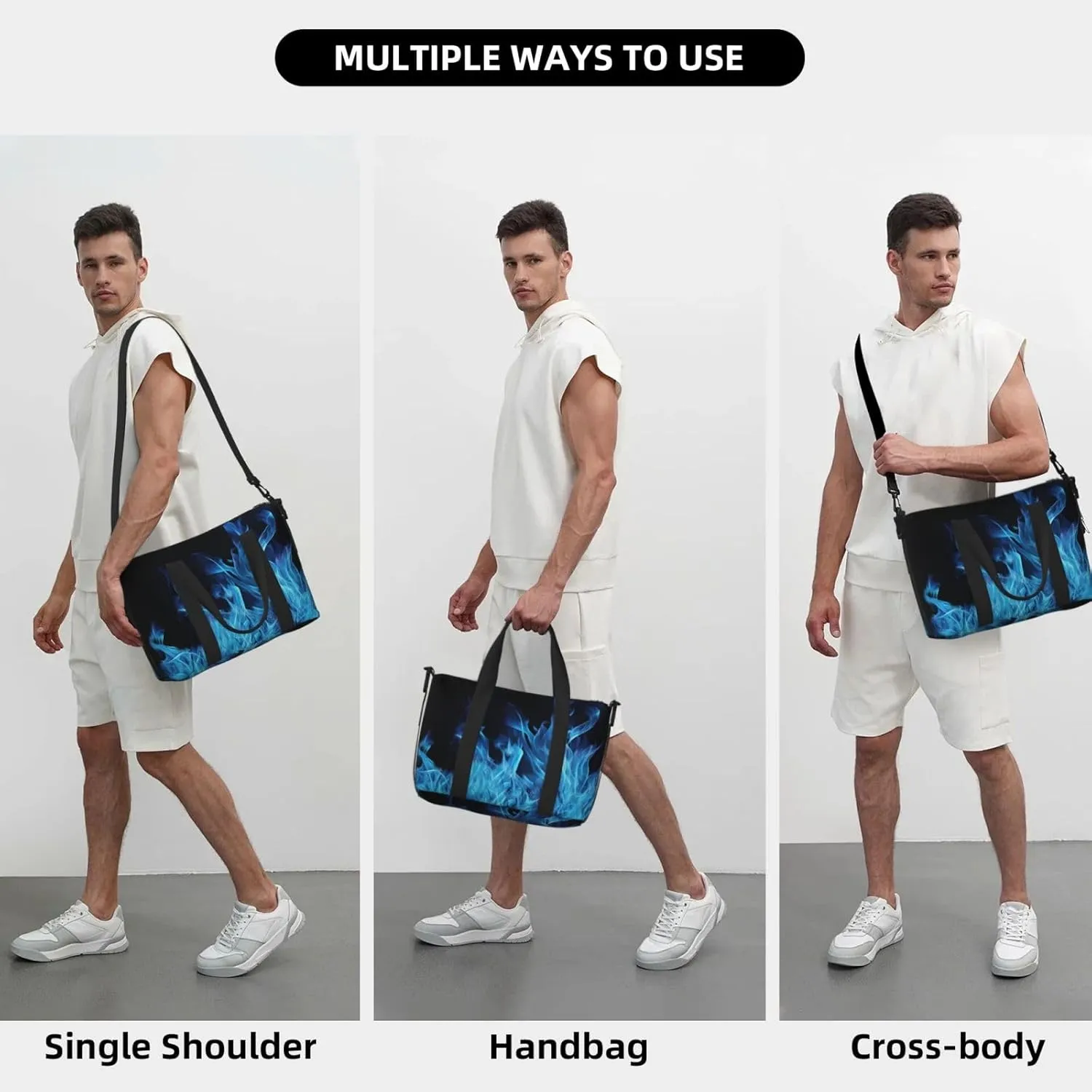 Sports Gym Bag for Women Men Travel Duffel Bag Tote Blue Flame Weekender Bag Canvas Carry on Overnight Bag for Travel Swimming Fitness Workout Sports Duffle Bag