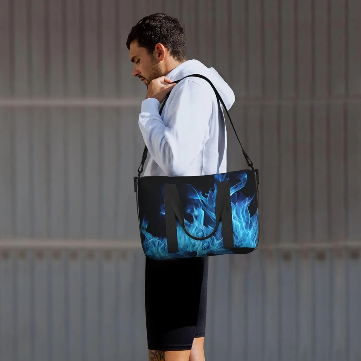 Sports Gym Bag for Women Men Travel Duffel Bag Tote Blue Flame Weekender Bag Canvas Carry on Overnight Bag for Travel Swimming Fitness Workout Sports Duffle Bag