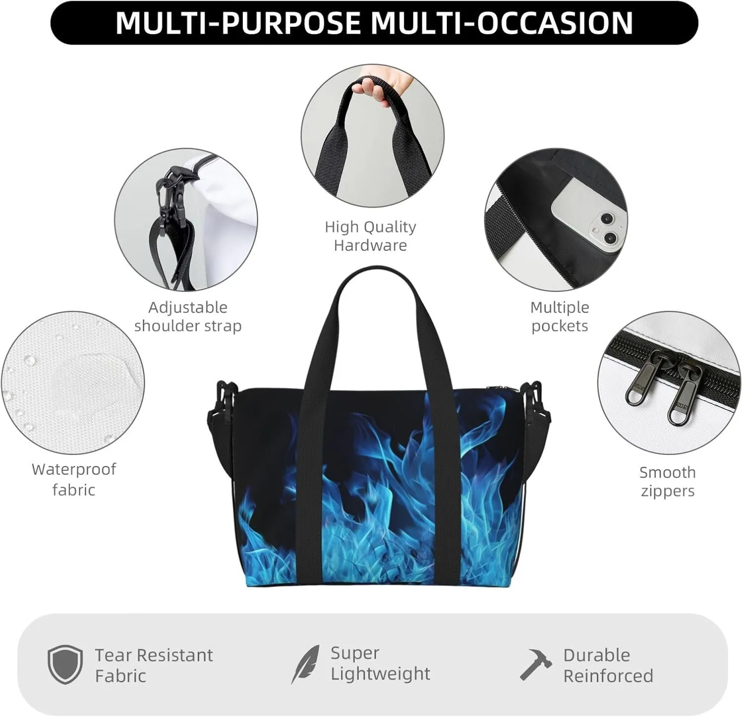 Sports Gym Bag for Women Men Travel Duffel Bag Tote Blue Flame Weekender Bag Canvas Carry on Overnight Bag for Travel Swimming Fitness Workout Sports Duffle Bag