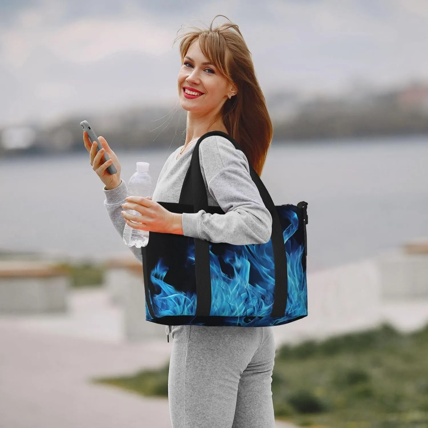 Sports Gym Bag for Women Men Travel Duffel Bag Tote Blue Flame Weekender Bag Canvas Carry on Overnight Bag for Travel Swimming Fitness Workout Sports Duffle Bag