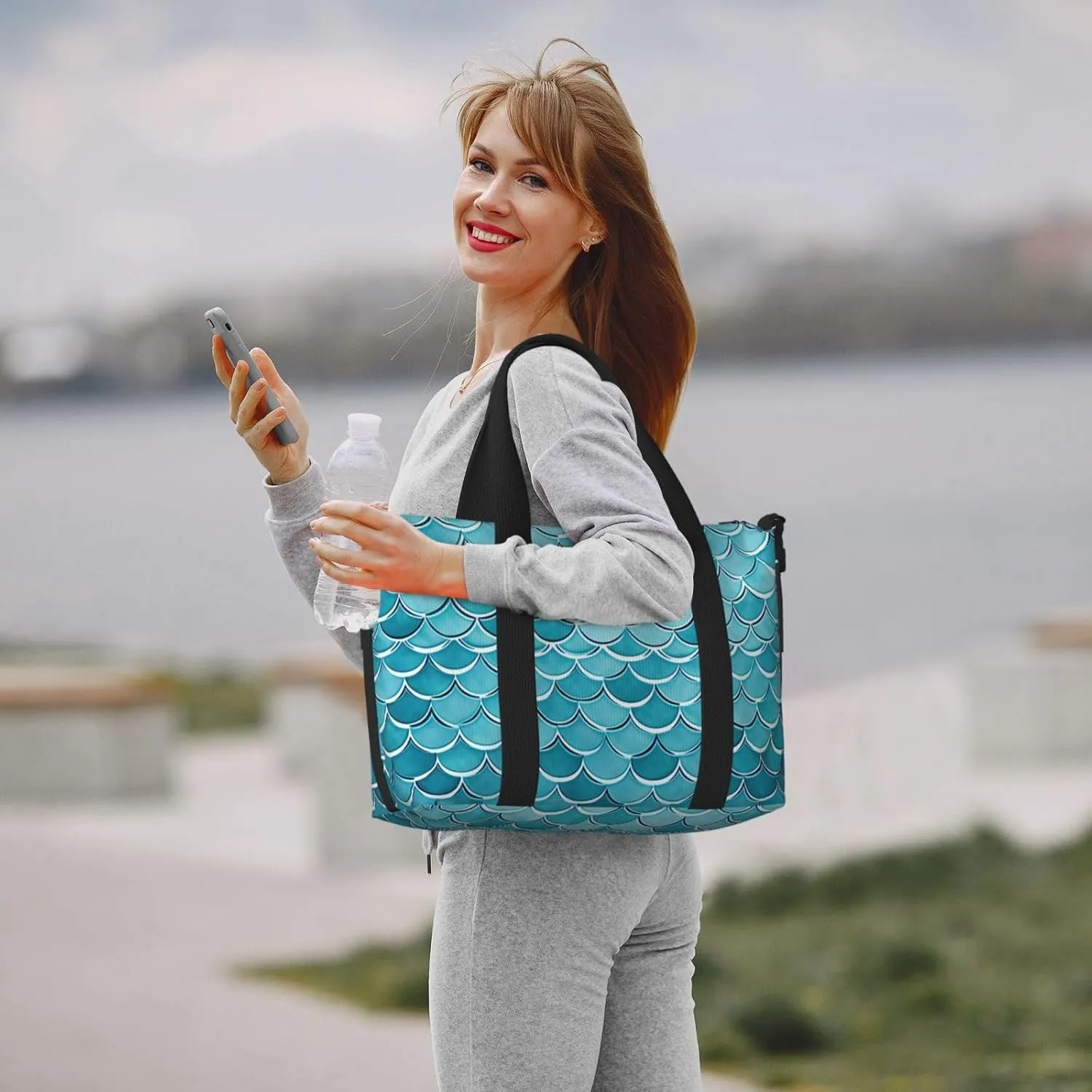 Sports Gym Bag for Women Men Travel Duffel Bag Tote Blue Waves Squama Mermaid Scale Weekender Bag Canvas Carry on Overnight Bag for Travel Swimming Fitness Workout Sports Duffle Bag