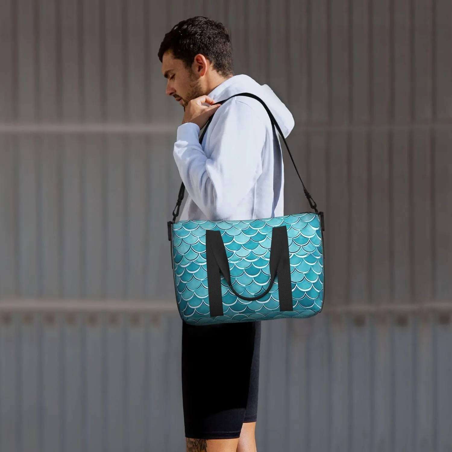 Sports Gym Bag for Women Men Travel Duffel Bag Tote Blue Waves Squama Mermaid Scale Weekender Bag Canvas Carry on Overnight Bag for Travel Swimming Fitness Workout Sports Duffle Bag