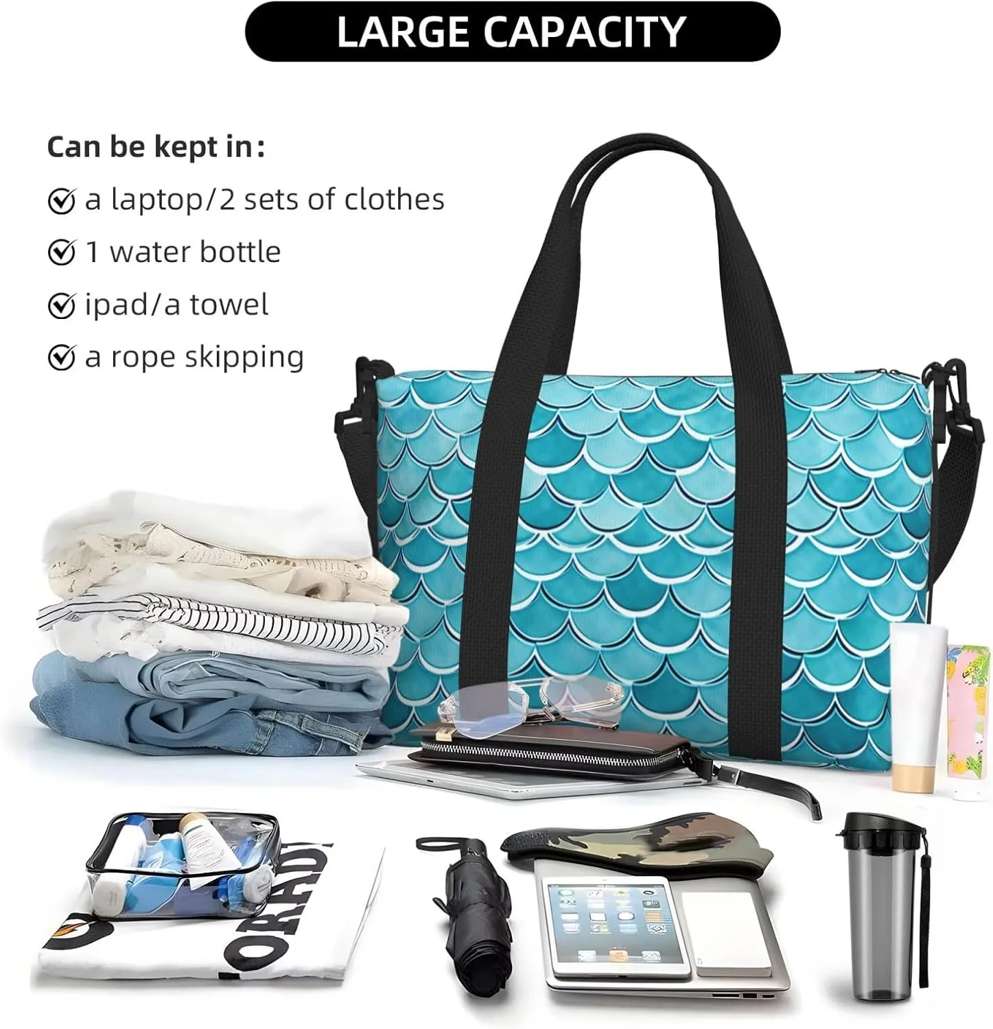 Sports Gym Bag for Women Men Travel Duffel Bag Tote Blue Waves Squama Mermaid Scale Weekender Bag Canvas Carry on Overnight Bag for Travel Swimming Fitness Workout Sports Duffle Bag