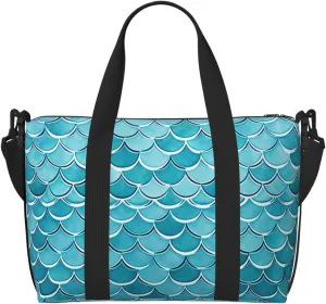 Sports Gym Bag for Women Men Travel Duffel Bag Tote Blue Waves Squama Mermaid Scale Weekender Bag Canvas Carry on Overnight Bag for Travel Swimming Fitness Workout Sports Duffle Bag