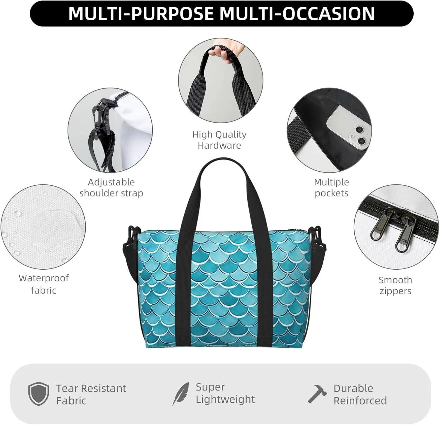 Sports Gym Bag for Women Men Travel Duffel Bag Tote Blue Waves Squama Mermaid Scale Weekender Bag Canvas Carry on Overnight Bag for Travel Swimming Fitness Workout Sports Duffle Bag