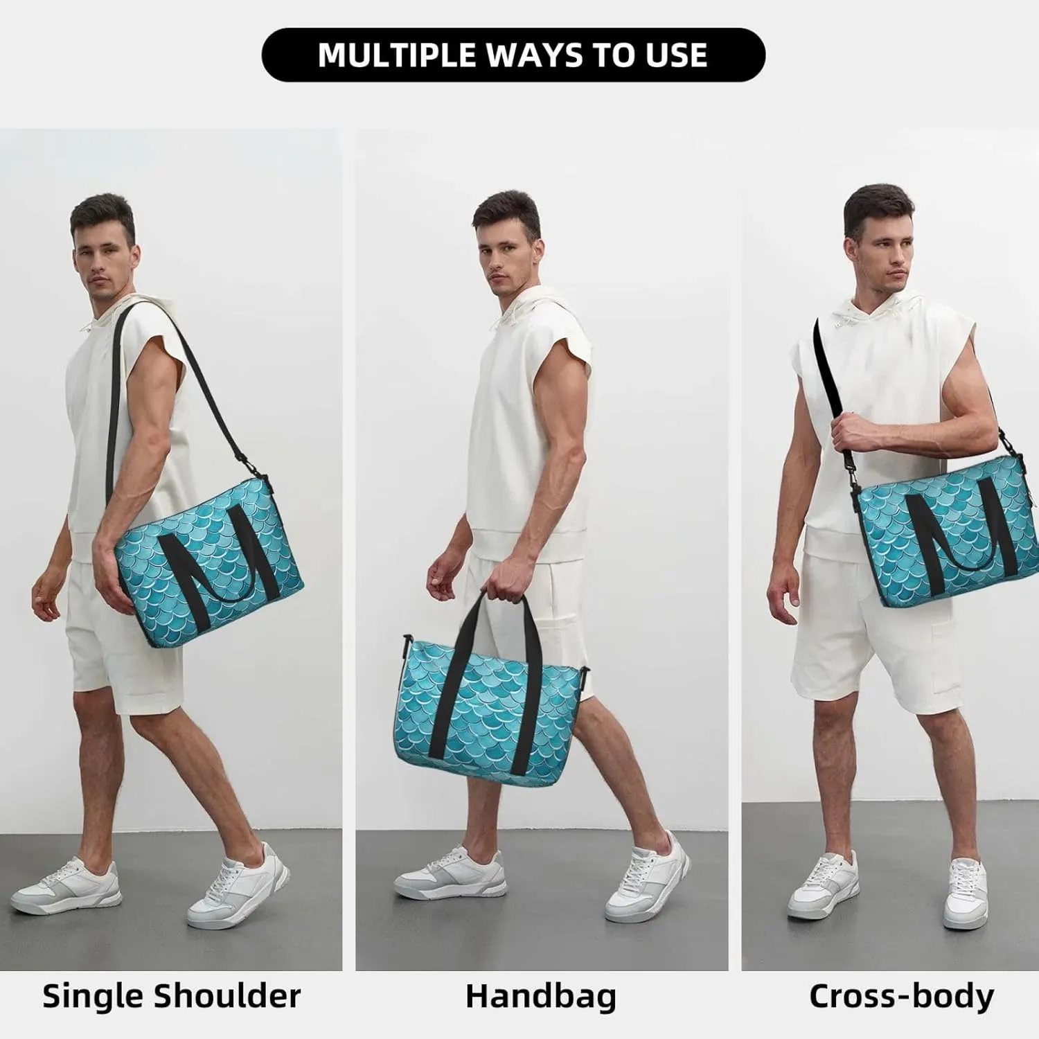 Sports Gym Bag for Women Men Travel Duffel Bag Tote Blue Waves Squama Mermaid Scale Weekender Bag Canvas Carry on Overnight Bag for Travel Swimming Fitness Workout Sports Duffle Bag