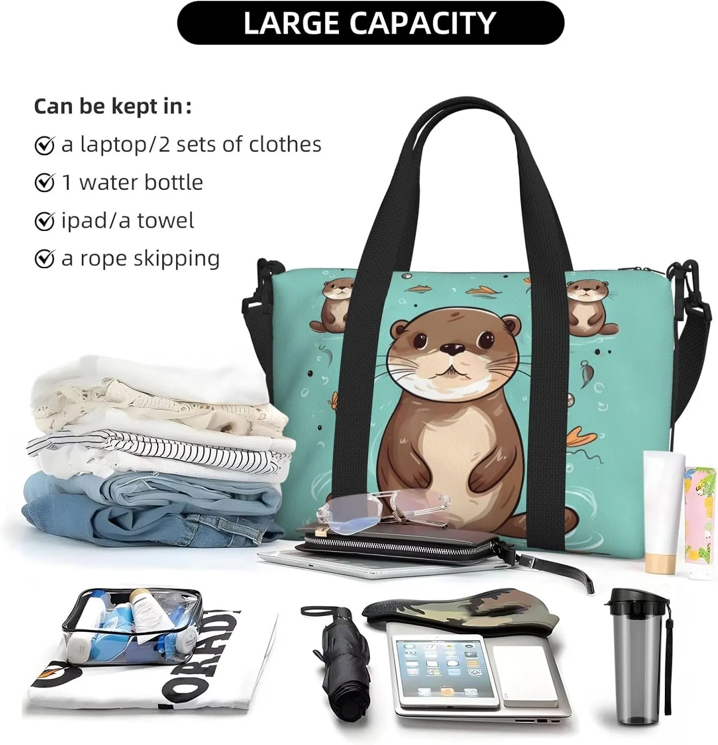 Sports Gym Bag for Women Men Travel Duffel Bag Tote Cartoon Cute Otter Weekender Bag Canvas Carry on Overnight Bag for Travel Swimming Fitness Workout Sports Duffle Bag