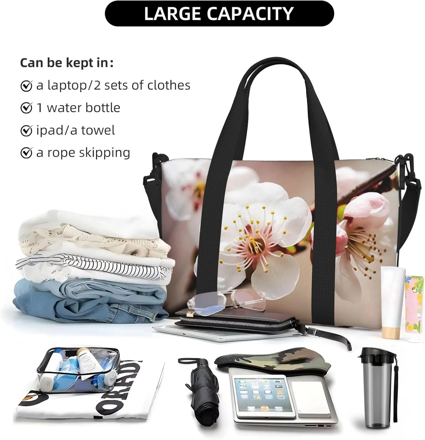 Sports Gym Bag for Women Men Travel Duffel Bag Tote Cherry Blossom Weekender Bag Canvas Carry on Overnight Bag for Travel Swimming Fitness Workout Sports Duffle Bag