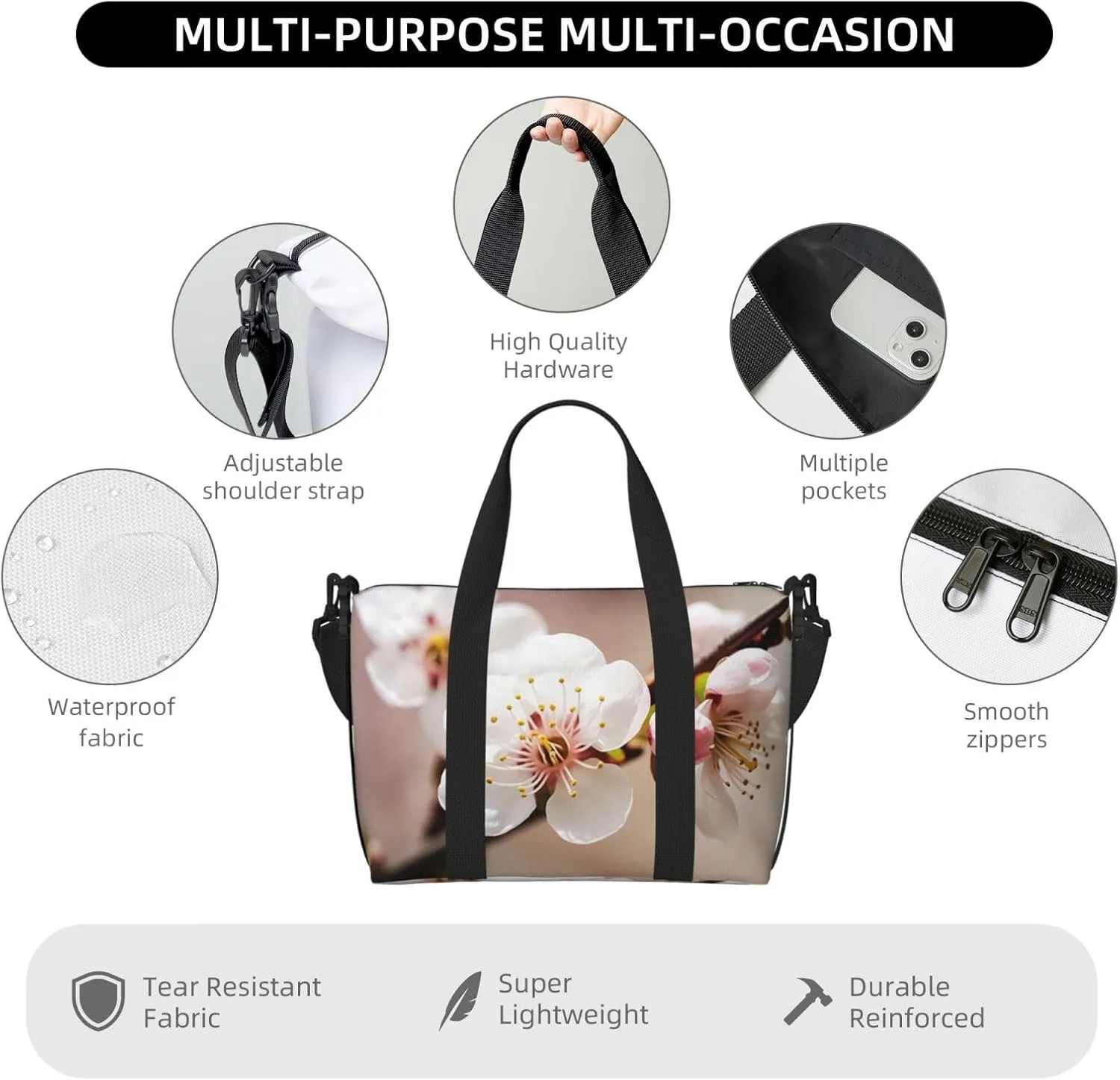 Sports Gym Bag for Women Men Travel Duffel Bag Tote Cherry Blossom Weekender Bag Canvas Carry on Overnight Bag for Travel Swimming Fitness Workout Sports Duffle Bag