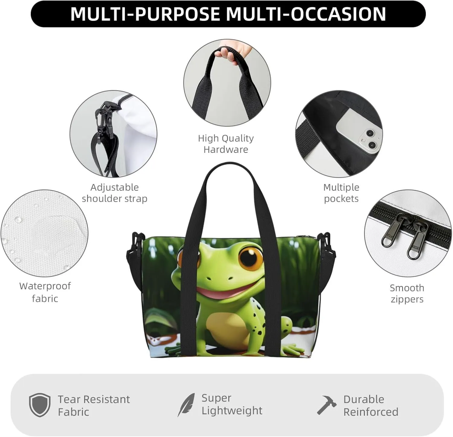 Sports Gym Bag for Women Men Travel Duffel Bag Tote cute frog Weekender Bag Canvas Carry on Overnight Bag for Travel Swimming Fitness Workout Sports Duffle Bag