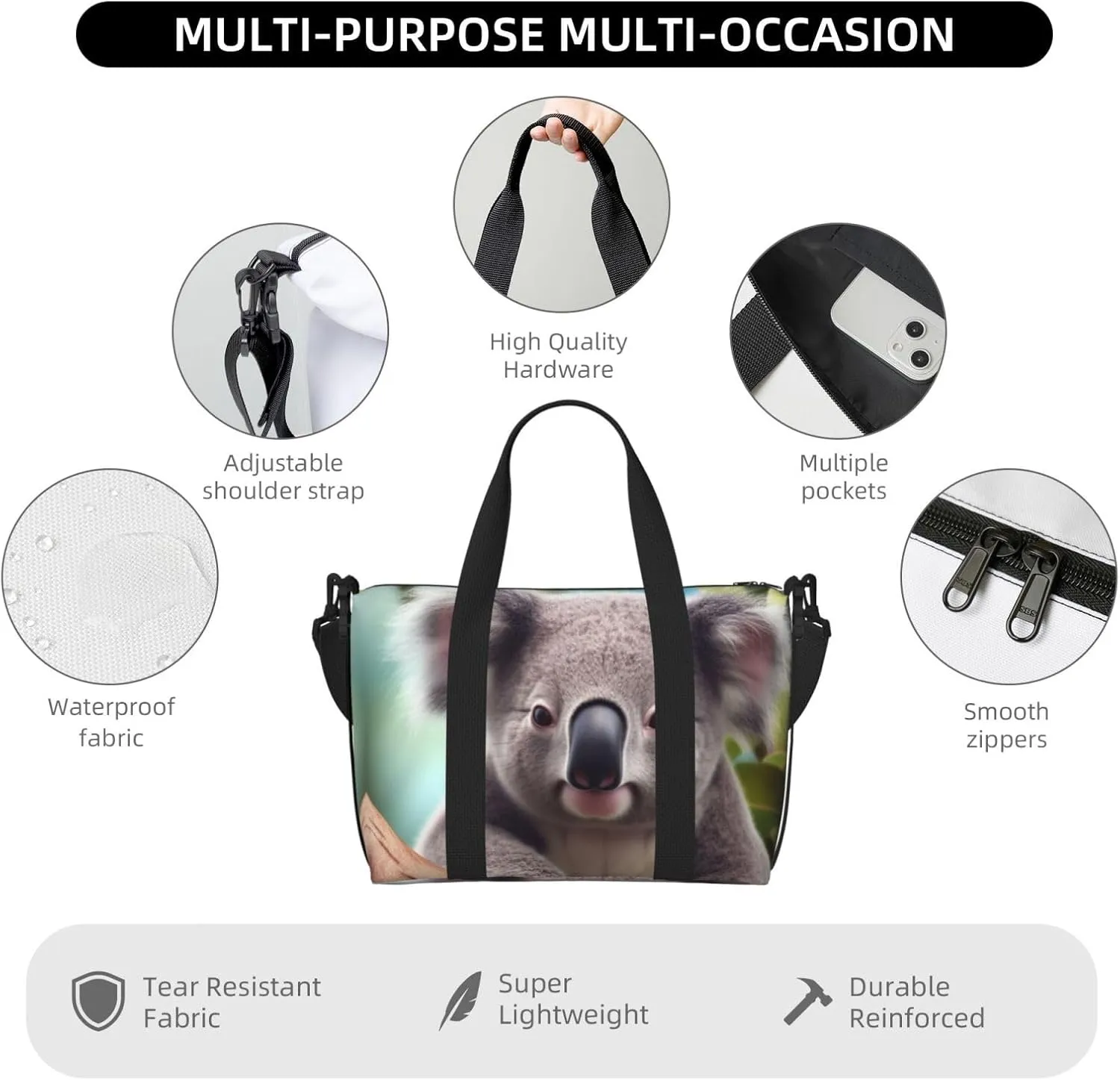 Sports Gym Bag for Women Men Travel Duffel Bag Tote Cute Koala Weekender Bag Canvas Carry on Overnight Bag for Travel Swimming Fitness Workout Sports Duffle Bag