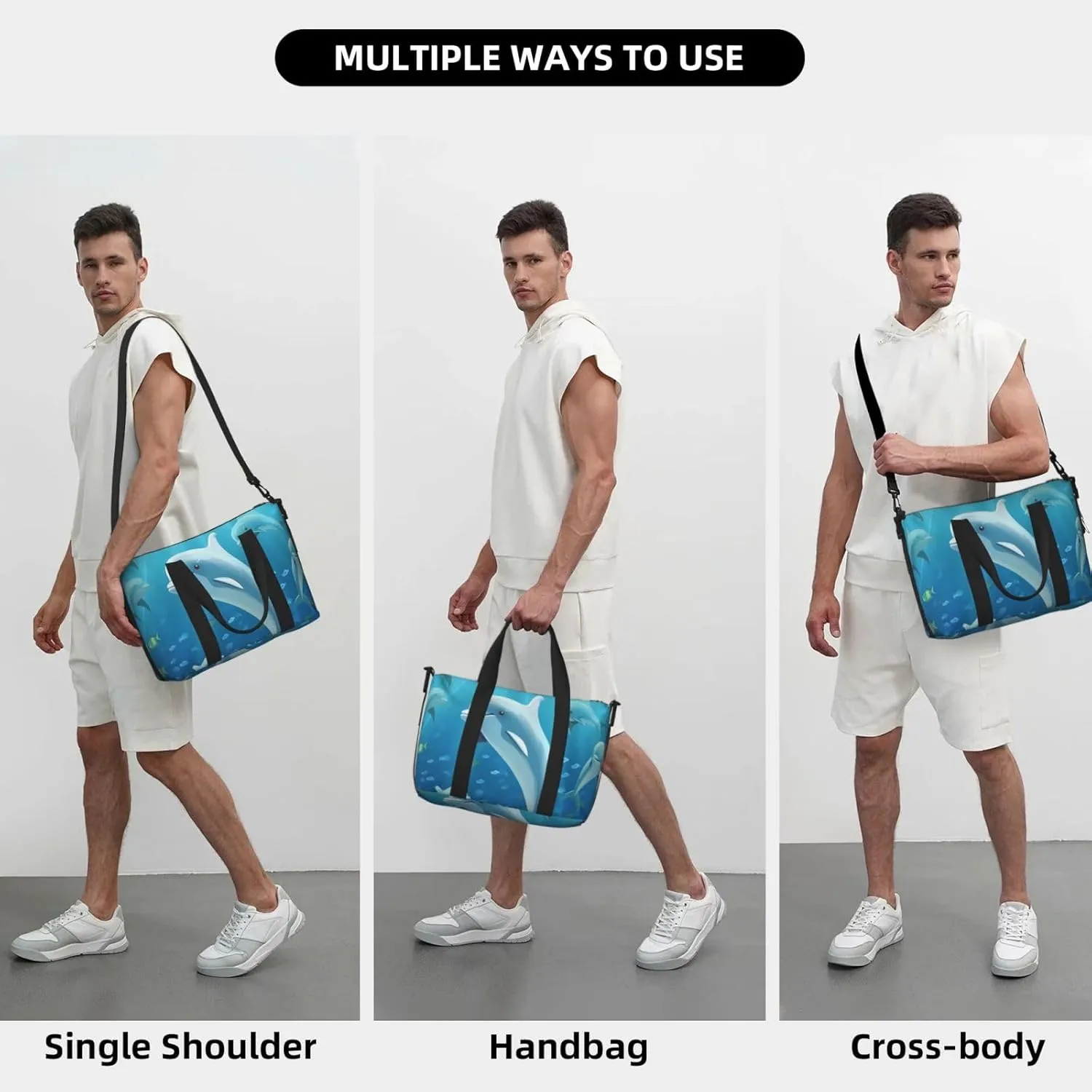 Sports Gym Bag for Women Men Travel Duffel Bag Tote Dolphin Weekender Bag Canvas Carry on Overnight Bag for Travel Swimming Fitness Workout Sports Duffle Bag