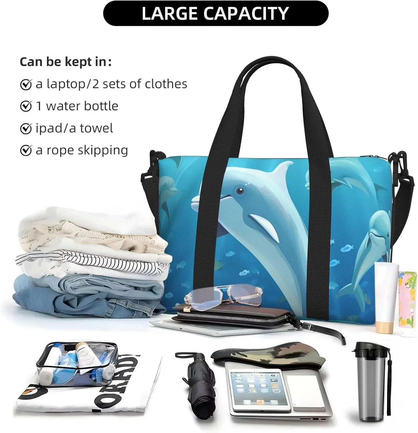 Sports Gym Bag for Women Men Travel Duffel Bag Tote Dolphin Weekender Bag Canvas Carry on Overnight Bag for Travel Swimming Fitness Workout Sports Duffle Bag