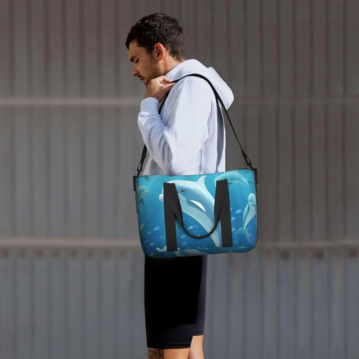 Sports Gym Bag for Women Men Travel Duffel Bag Tote Dolphin Weekender Bag Canvas Carry on Overnight Bag for Travel Swimming Fitness Workout Sports Duffle Bag