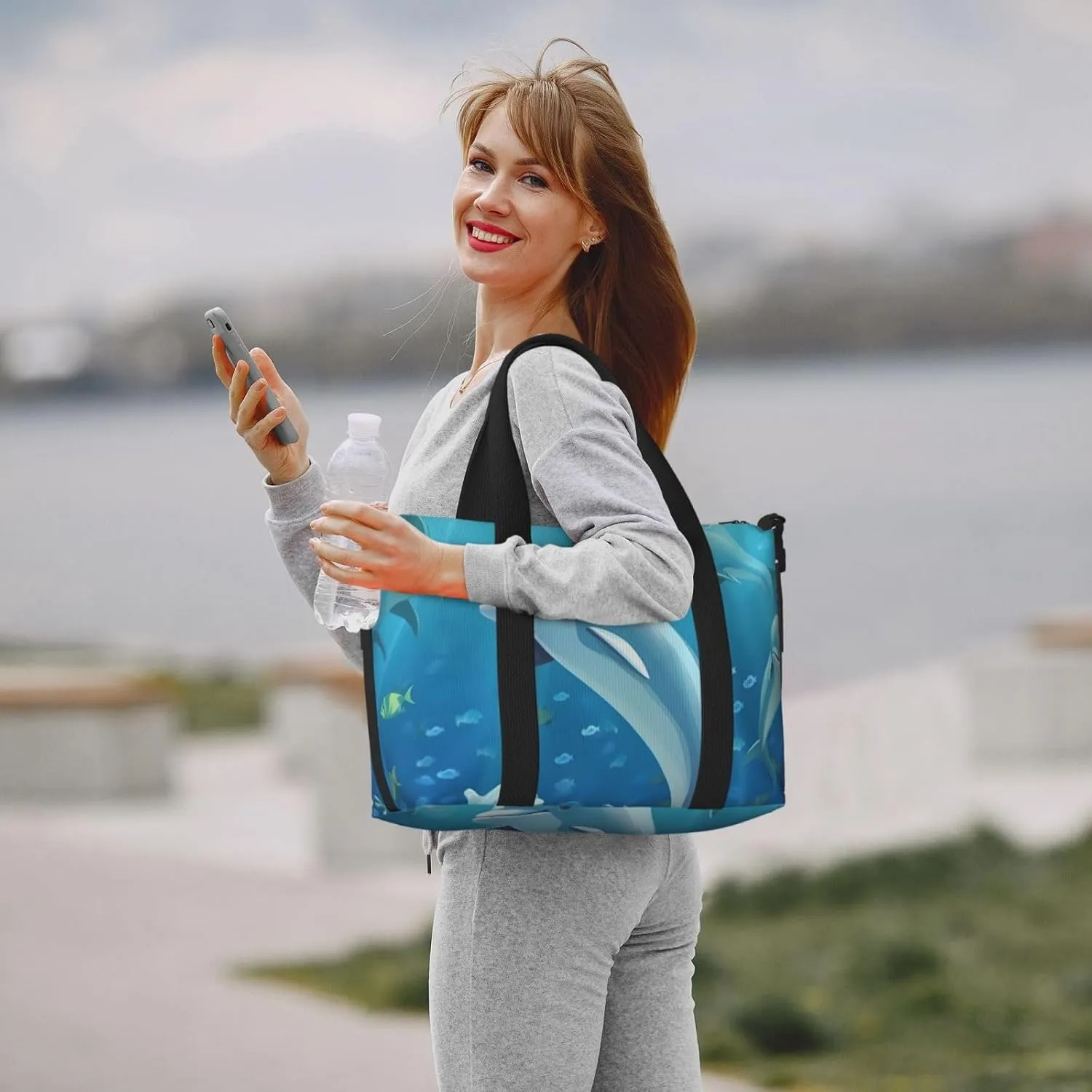 Sports Gym Bag for Women Men Travel Duffel Bag Tote Dolphin Weekender Bag Canvas Carry on Overnight Bag for Travel Swimming Fitness Workout Sports Duffle Bag