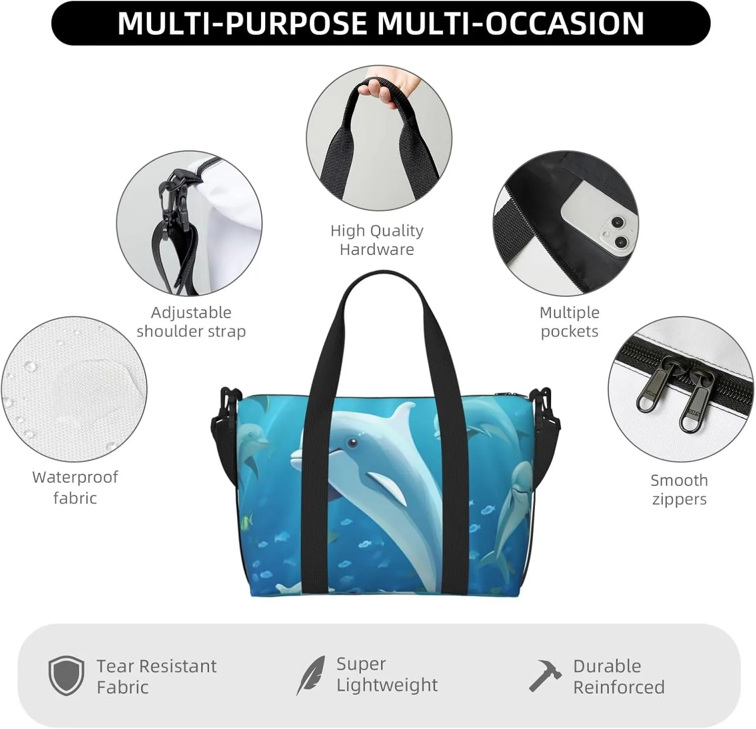 Sports Gym Bag for Women Men Travel Duffel Bag Tote Dolphin Weekender Bag Canvas Carry on Overnight Bag for Travel Swimming Fitness Workout Sports Duffle Bag
