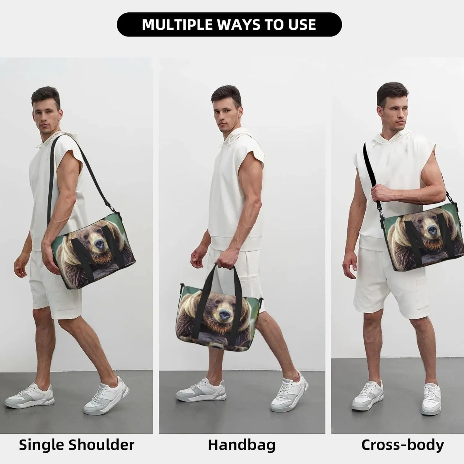 Sports Gym Bag for Women Men Travel Duffel Bag Tote Grizzly bear Weekender Bag Canvas Carry on Overnight Bag for Travel Swimming Fitness Workout Sports Duffle Bag