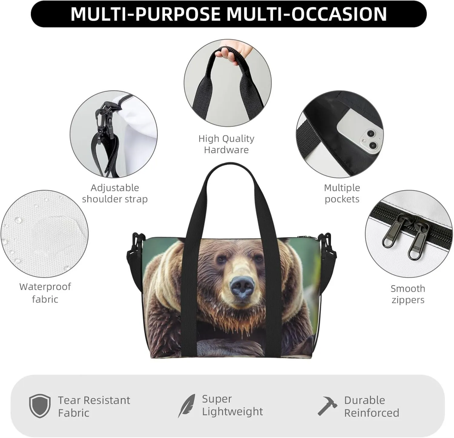 Sports Gym Bag for Women Men Travel Duffel Bag Tote Grizzly bear Weekender Bag Canvas Carry on Overnight Bag for Travel Swimming Fitness Workout Sports Duffle Bag