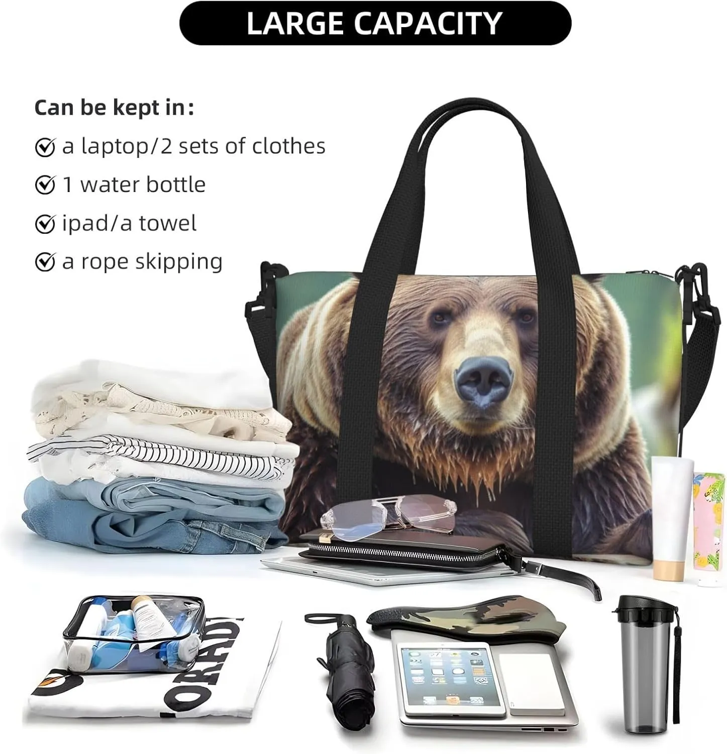 Sports Gym Bag for Women Men Travel Duffel Bag Tote Grizzly bear Weekender Bag Canvas Carry on Overnight Bag for Travel Swimming Fitness Workout Sports Duffle Bag