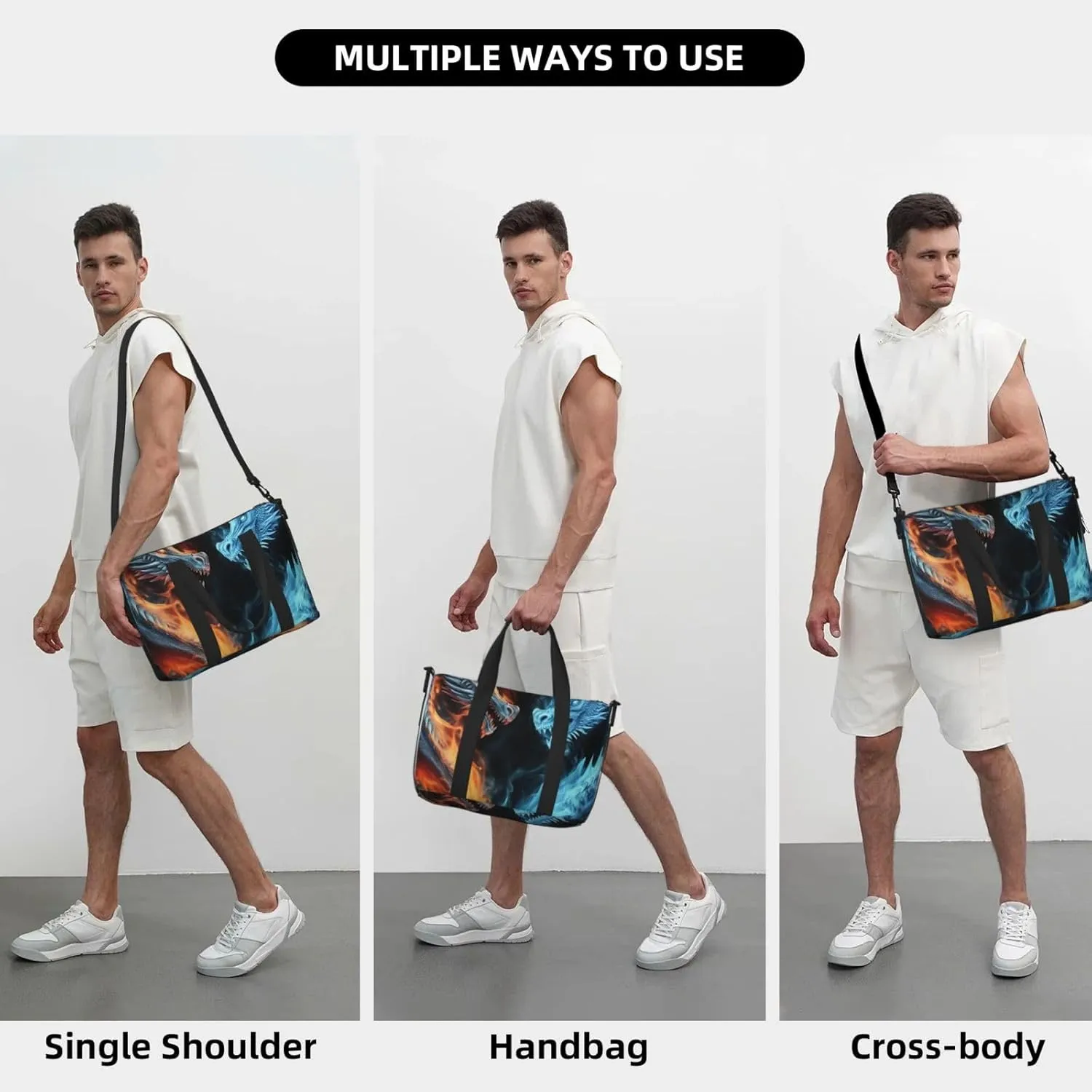 Sports Gym Bag for Women Men Travel Duffel Bag Tote Ice and Fire Dragons Weekender Bag Canvas Carry on Overnight Bag for Travel Swimming Fitness Workout Sports Duffle Bag