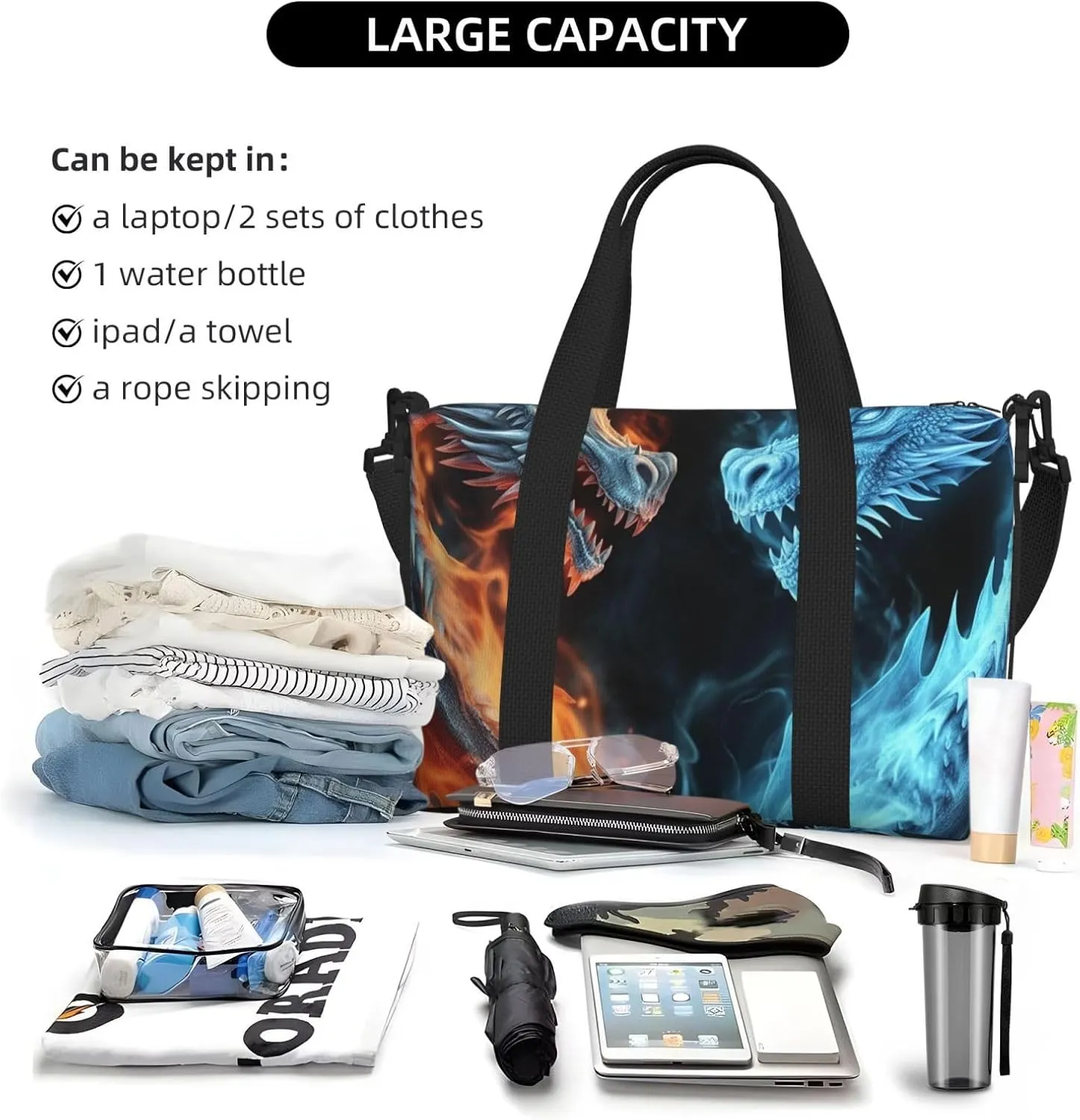 Sports Gym Bag for Women Men Travel Duffel Bag Tote Ice and Fire Dragons Weekender Bag Canvas Carry on Overnight Bag for Travel Swimming Fitness Workout Sports Duffle Bag