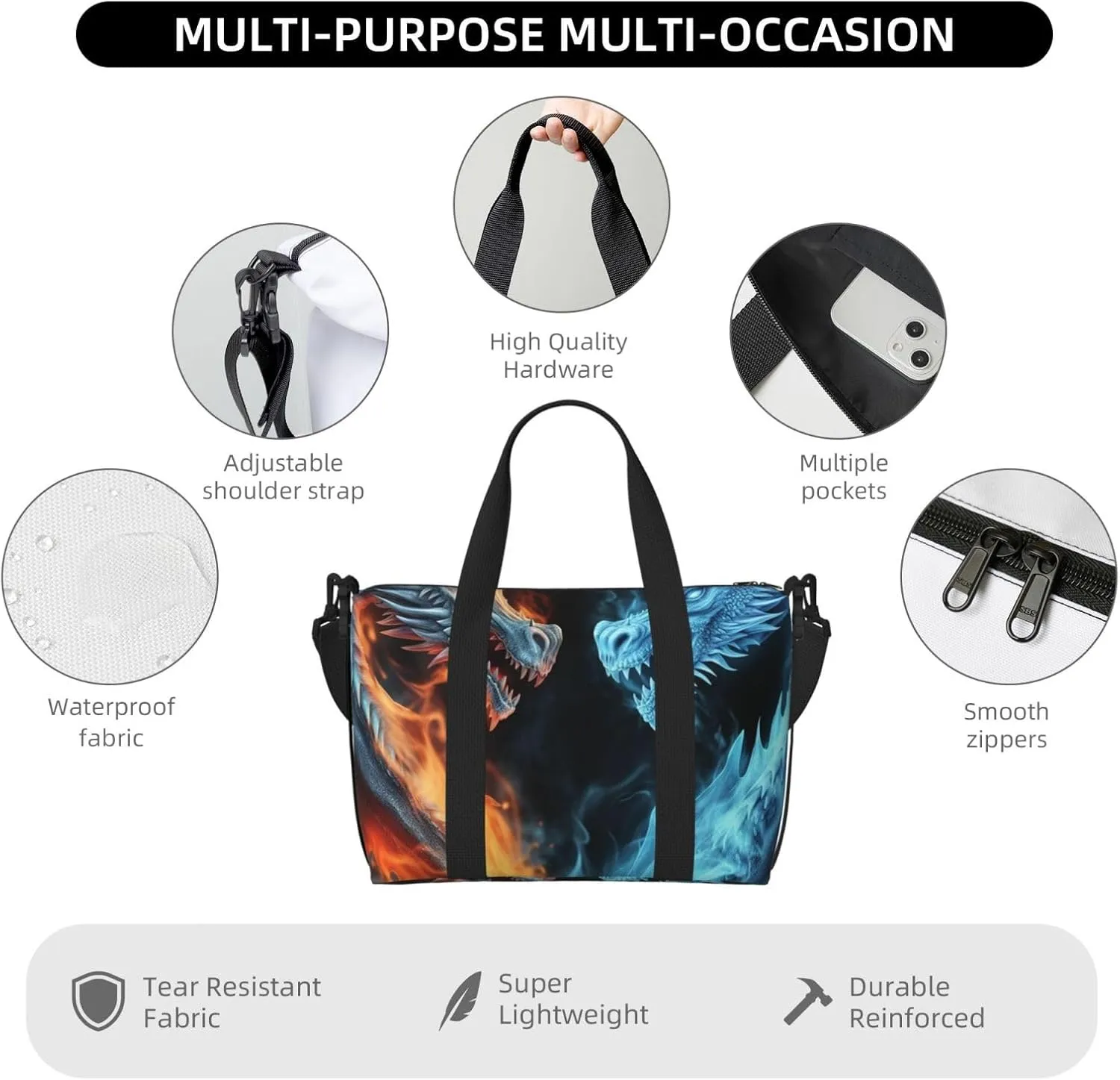 Sports Gym Bag for Women Men Travel Duffel Bag Tote Ice and Fire Dragons Weekender Bag Canvas Carry on Overnight Bag for Travel Swimming Fitness Workout Sports Duffle Bag