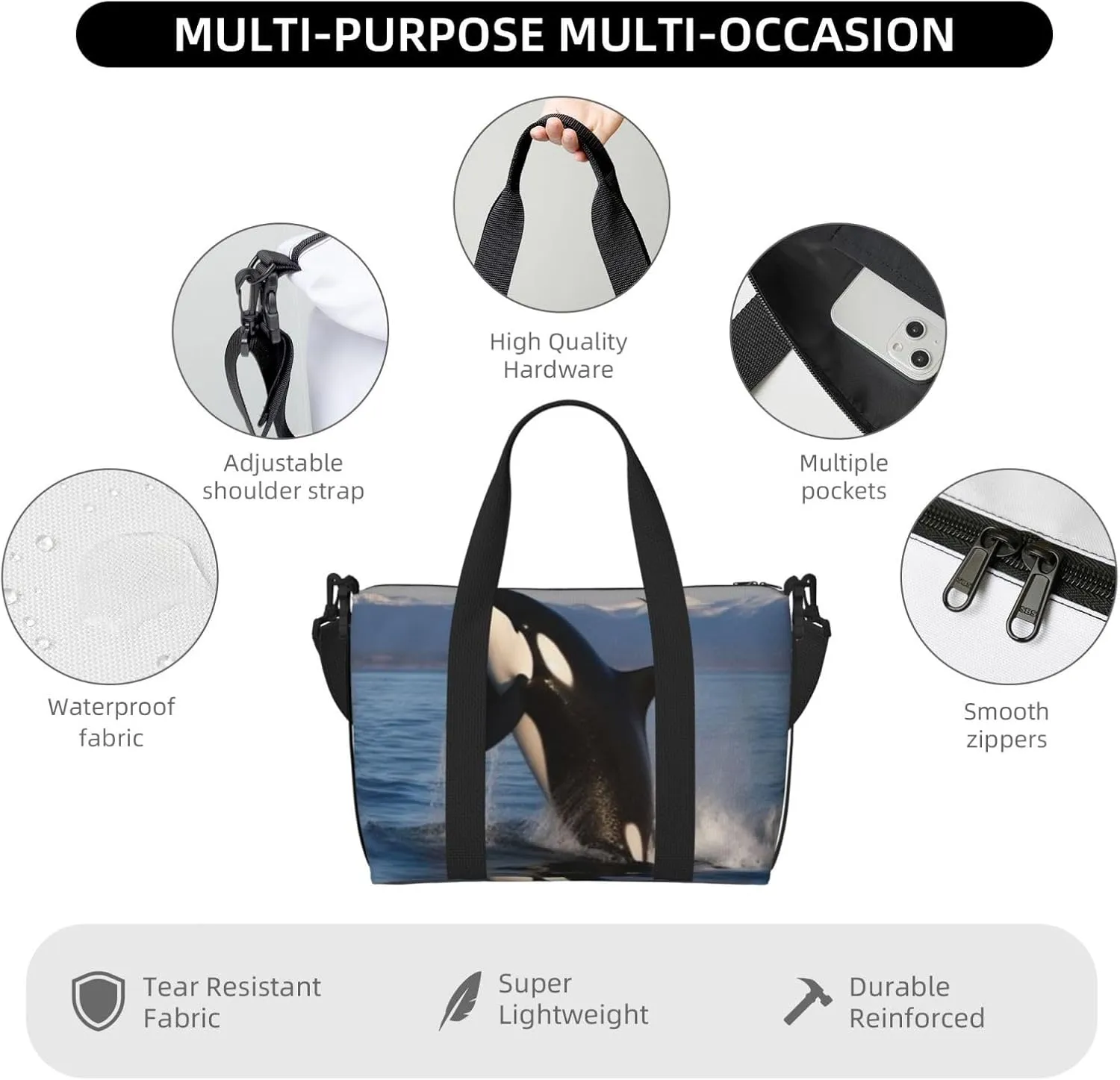 Sports Gym Bag for Women Men Travel Duffel Bag Tote Killer Whale Weekender Bag Canvas Carry on Overnight Bag for Travel Swimming Fitness Workout Sports Duffle Bag