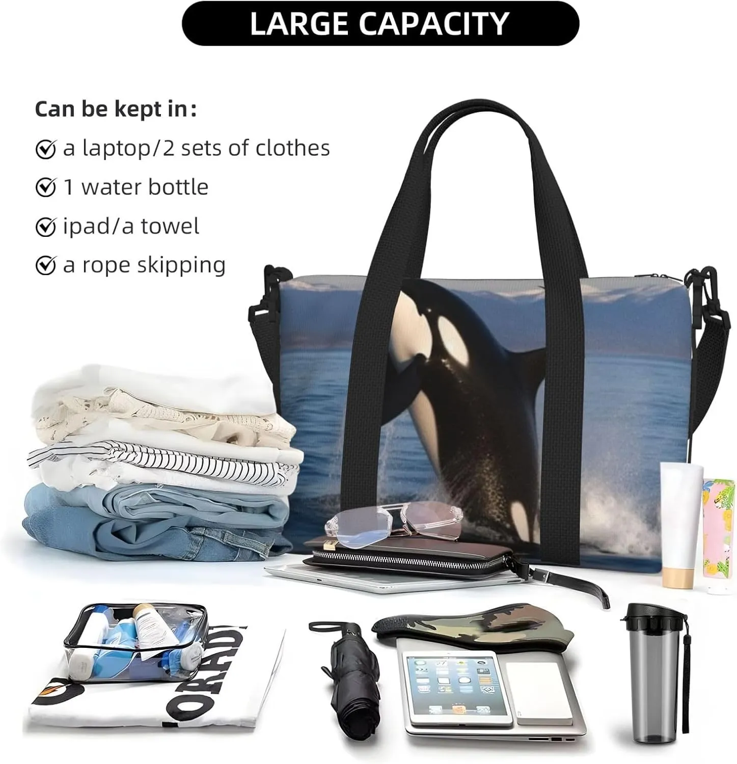 Sports Gym Bag for Women Men Travel Duffel Bag Tote Killer Whale Weekender Bag Canvas Carry on Overnight Bag for Travel Swimming Fitness Workout Sports Duffle Bag