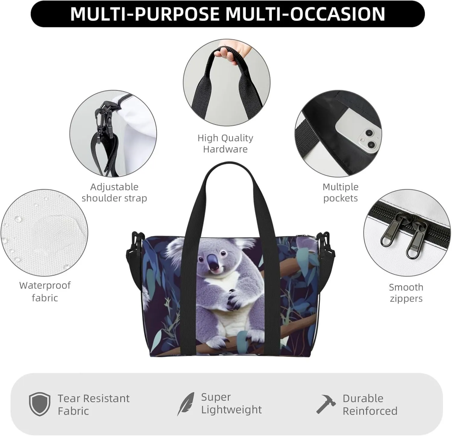 Sports Gym Bag for Women Men Travel Duffel Bag Tote lovely Koala Weekender Bag Canvas Carry on Overnight Bag for Travel Swimming Fitness Workout Sports Duffle Bag