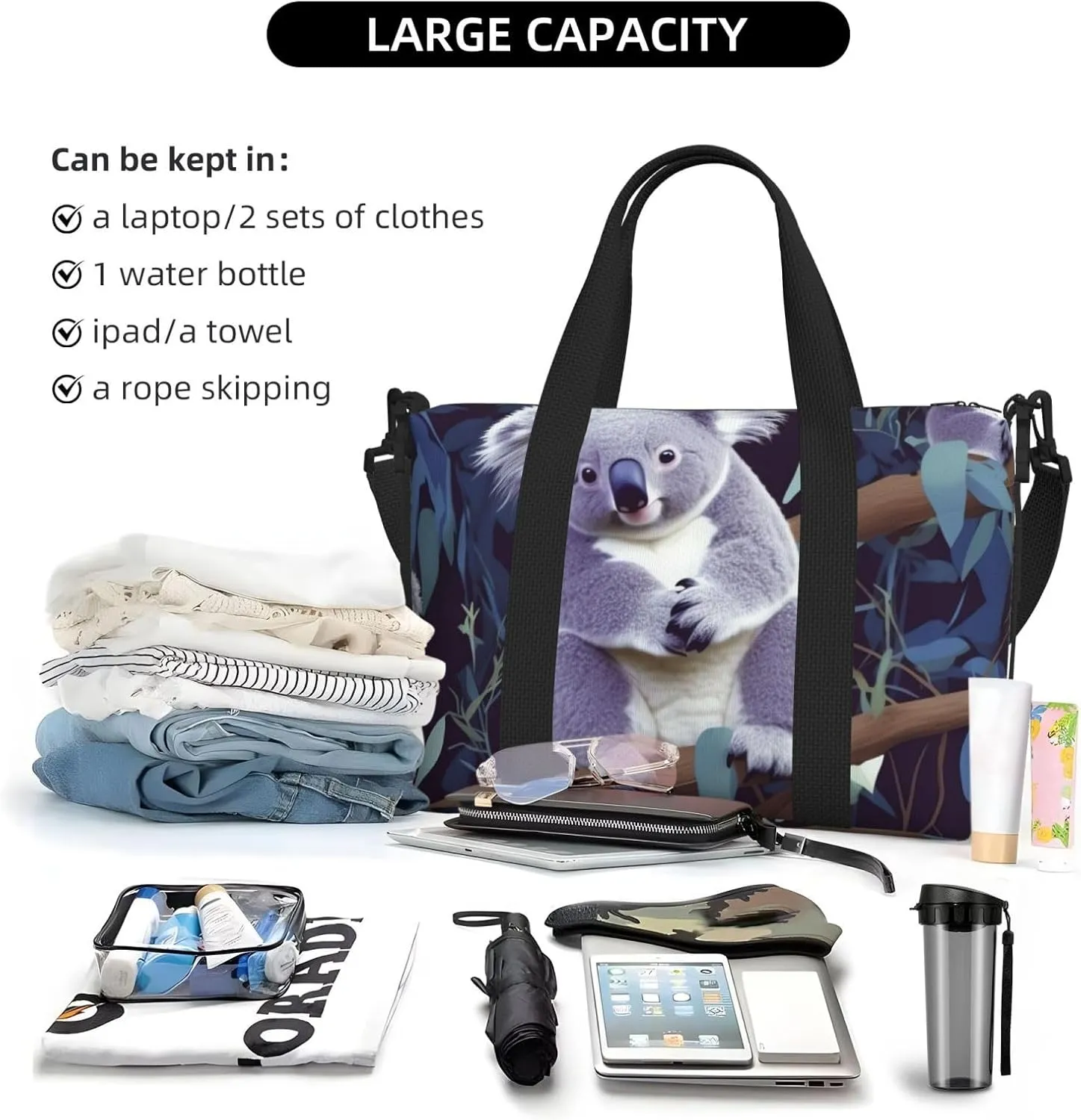 Sports Gym Bag for Women Men Travel Duffel Bag Tote lovely Koala Weekender Bag Canvas Carry on Overnight Bag for Travel Swimming Fitness Workout Sports Duffle Bag