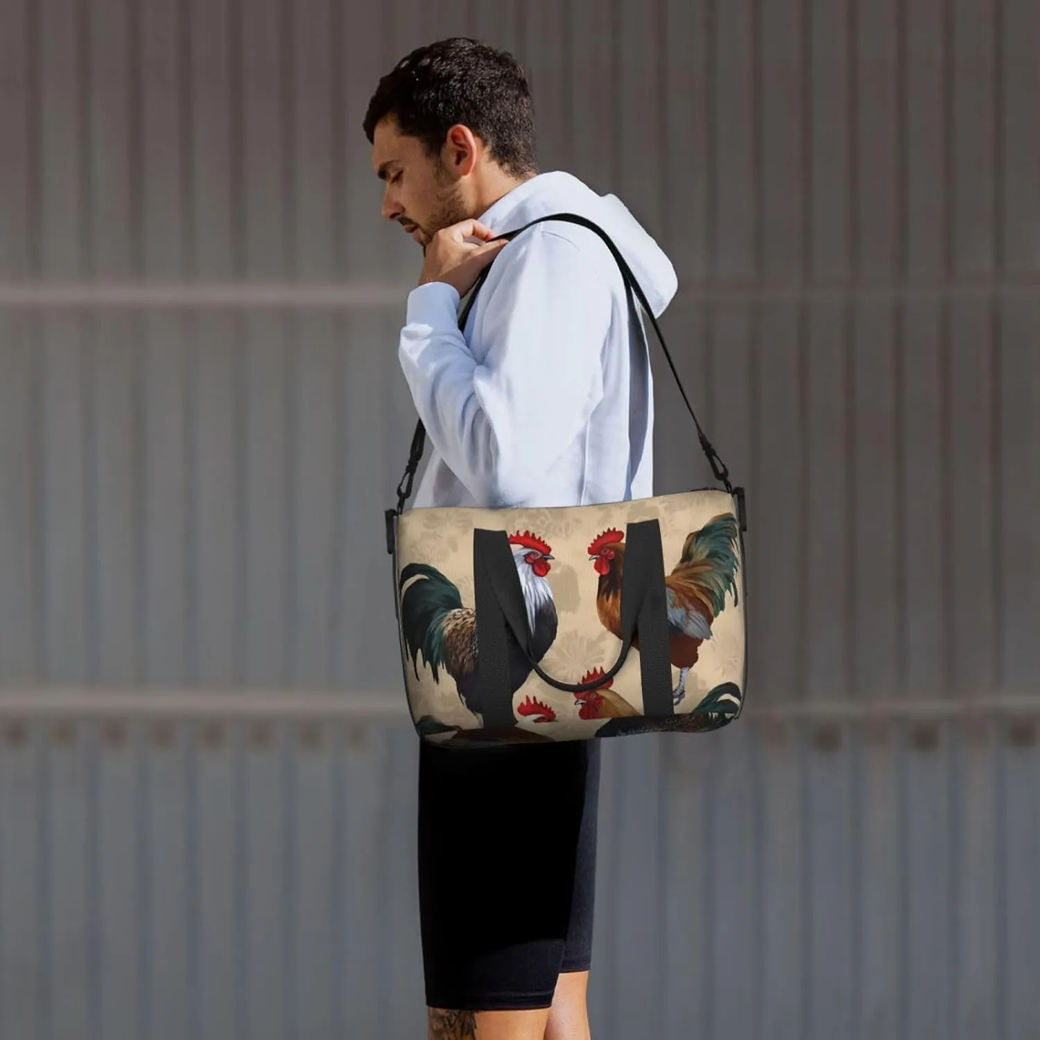 Sports Gym Bag for Women Men Travel Duffel Bag Tote Rooster and Chicken Print Weekender Bag Canvas Carry on Overnight Bag for Travel Swimming Fitness Workout Sports Duffle Bag